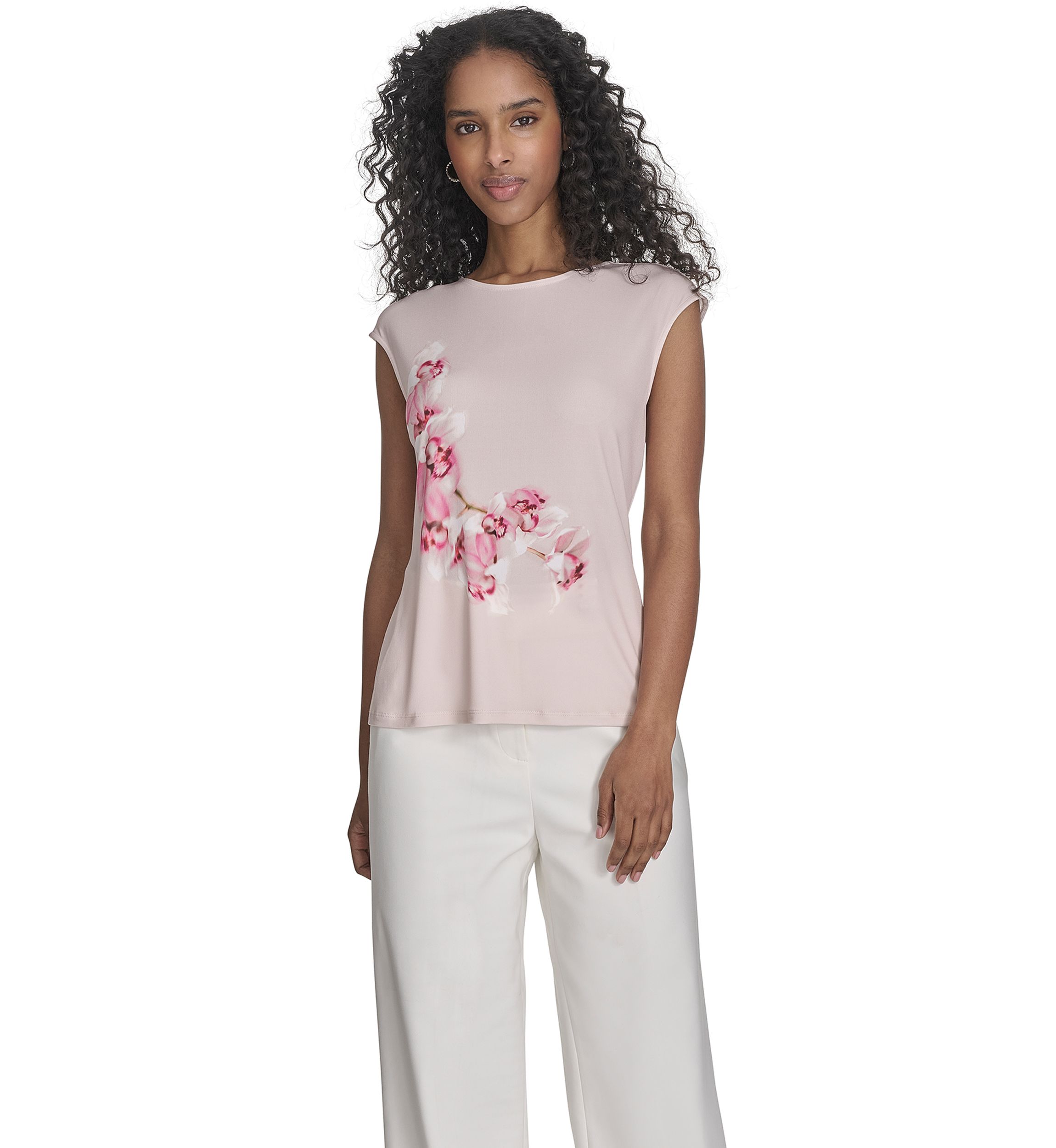 Womens Cap Sleeve Placed Print Blouse