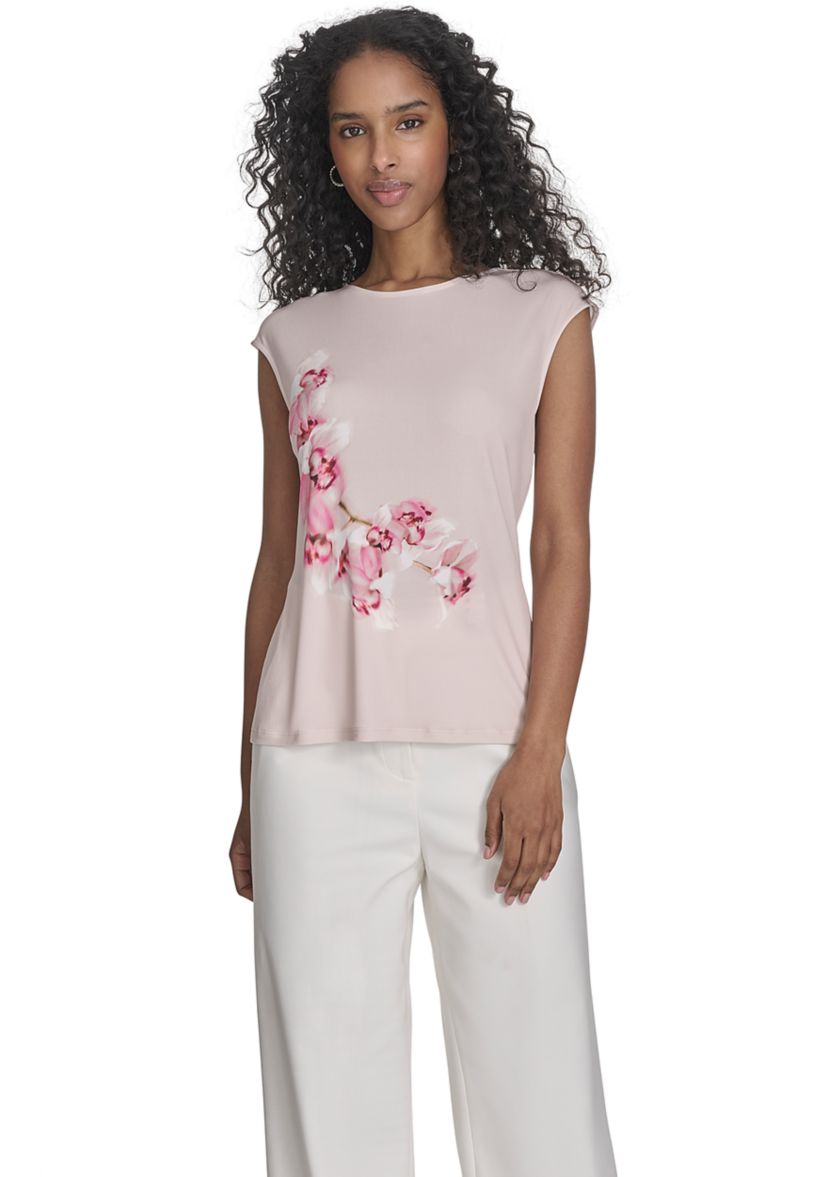 Womens Cap Sleeve Placed Print Blouse