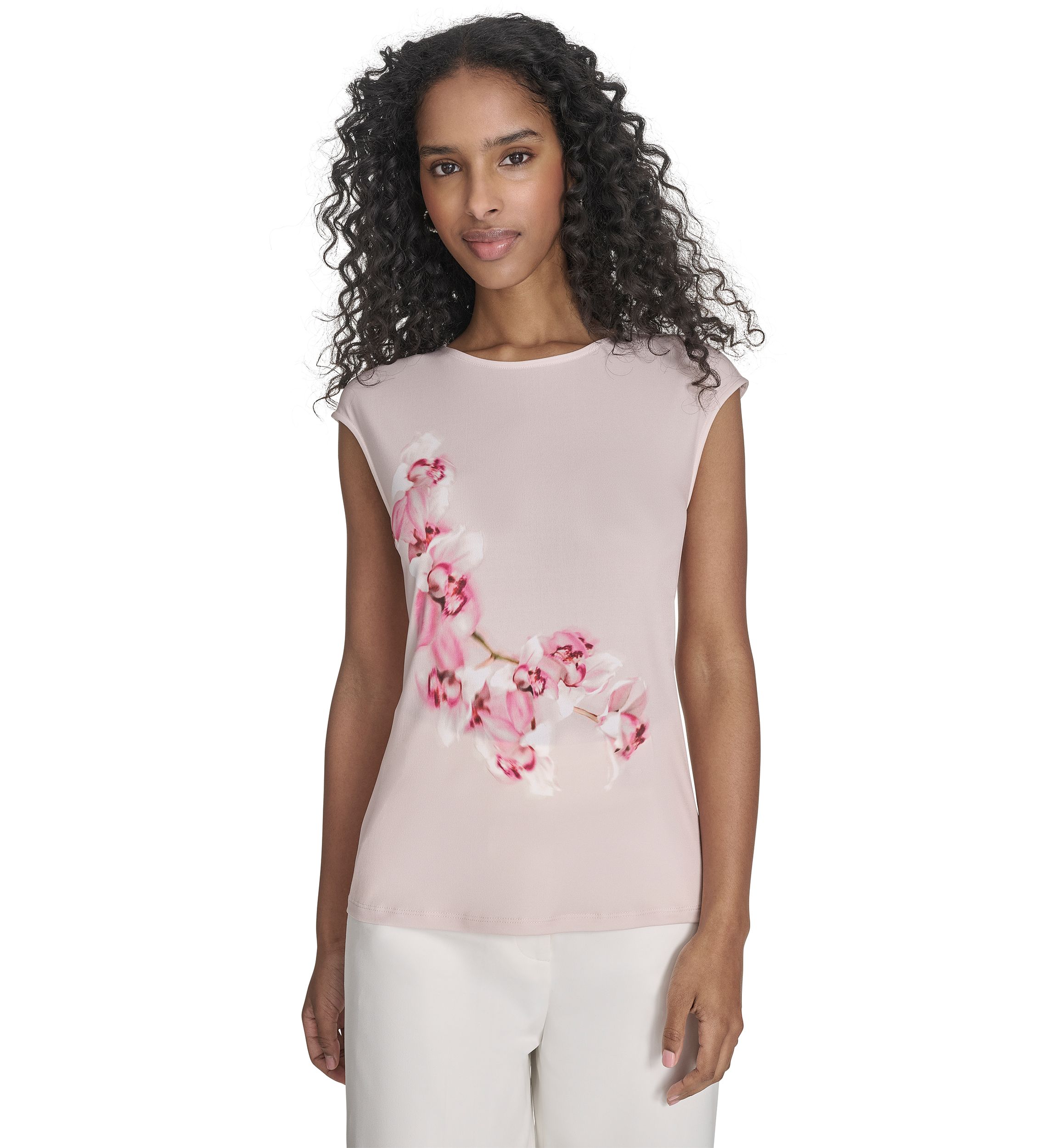 Womens Cap Sleeve Placed Print Blouse