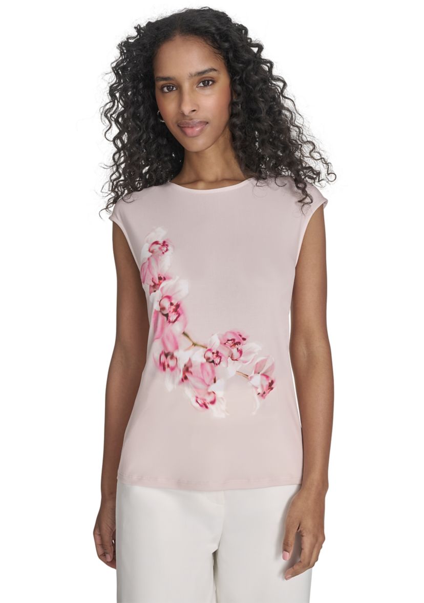 Womens Cap Sleeve Placed Print Blouse