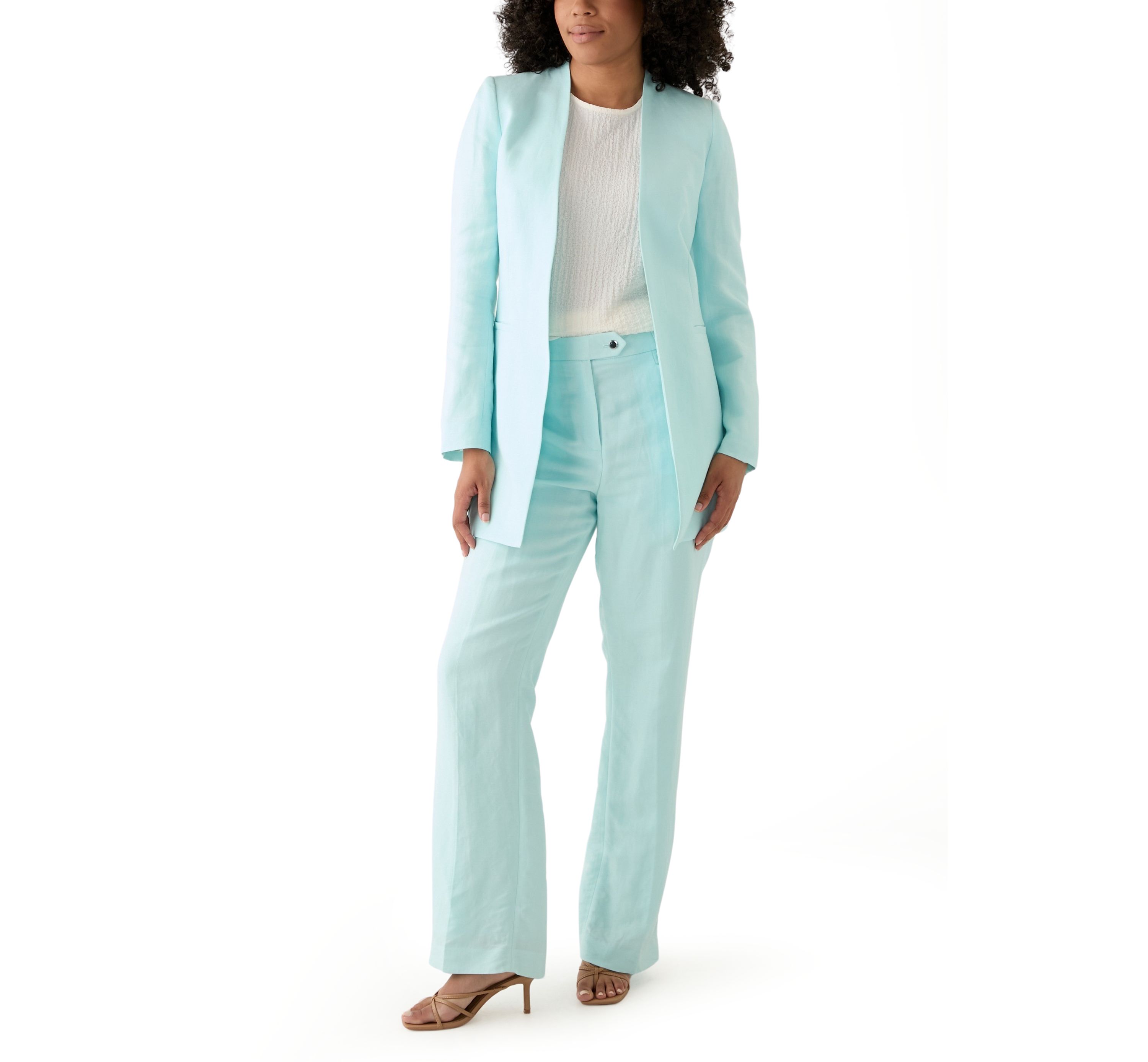 Womens Linen Open Front 3/4 Rollback Sleeve Shirt