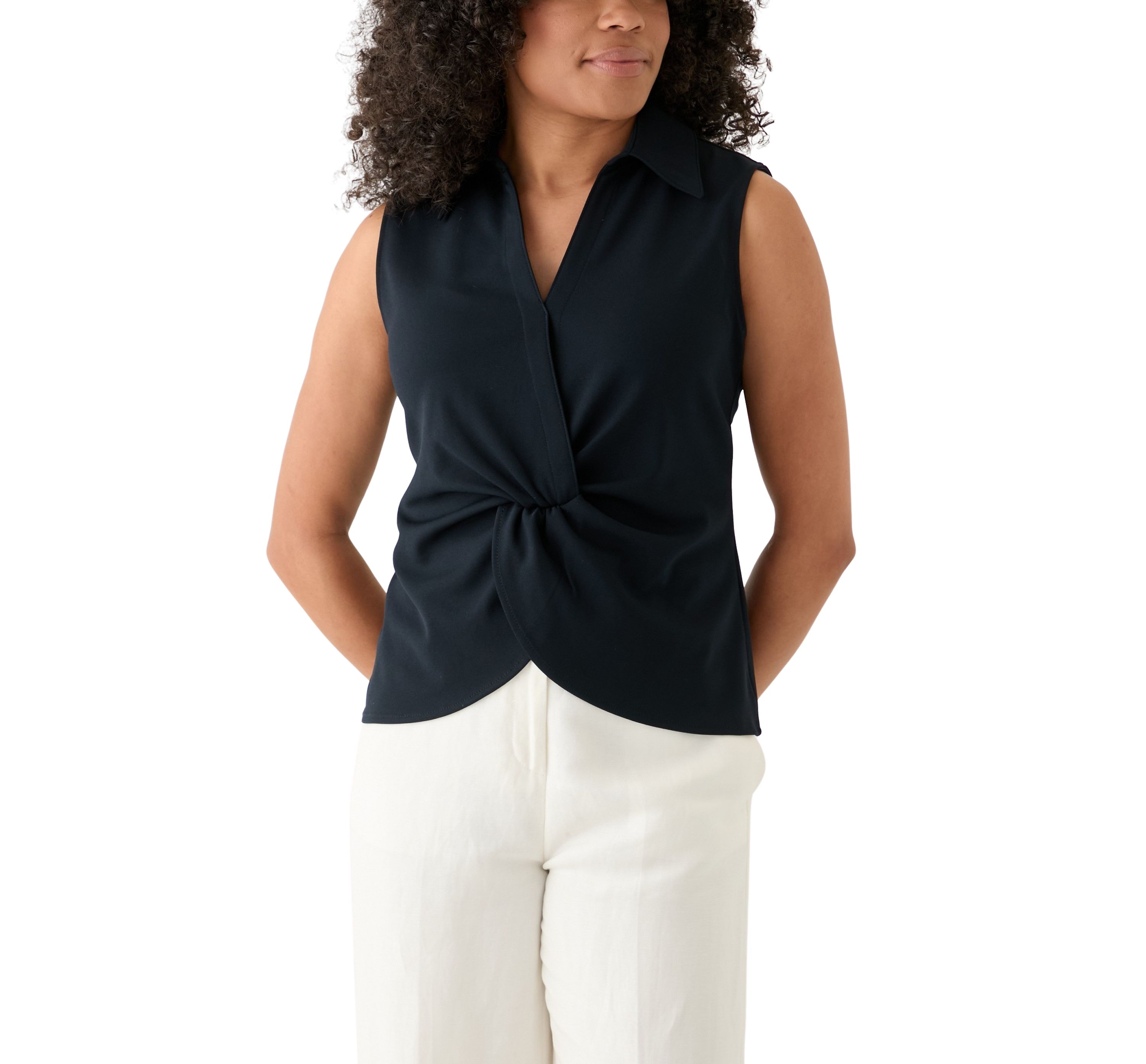 Womens Scuba Crepe Collared Twist Front Top 