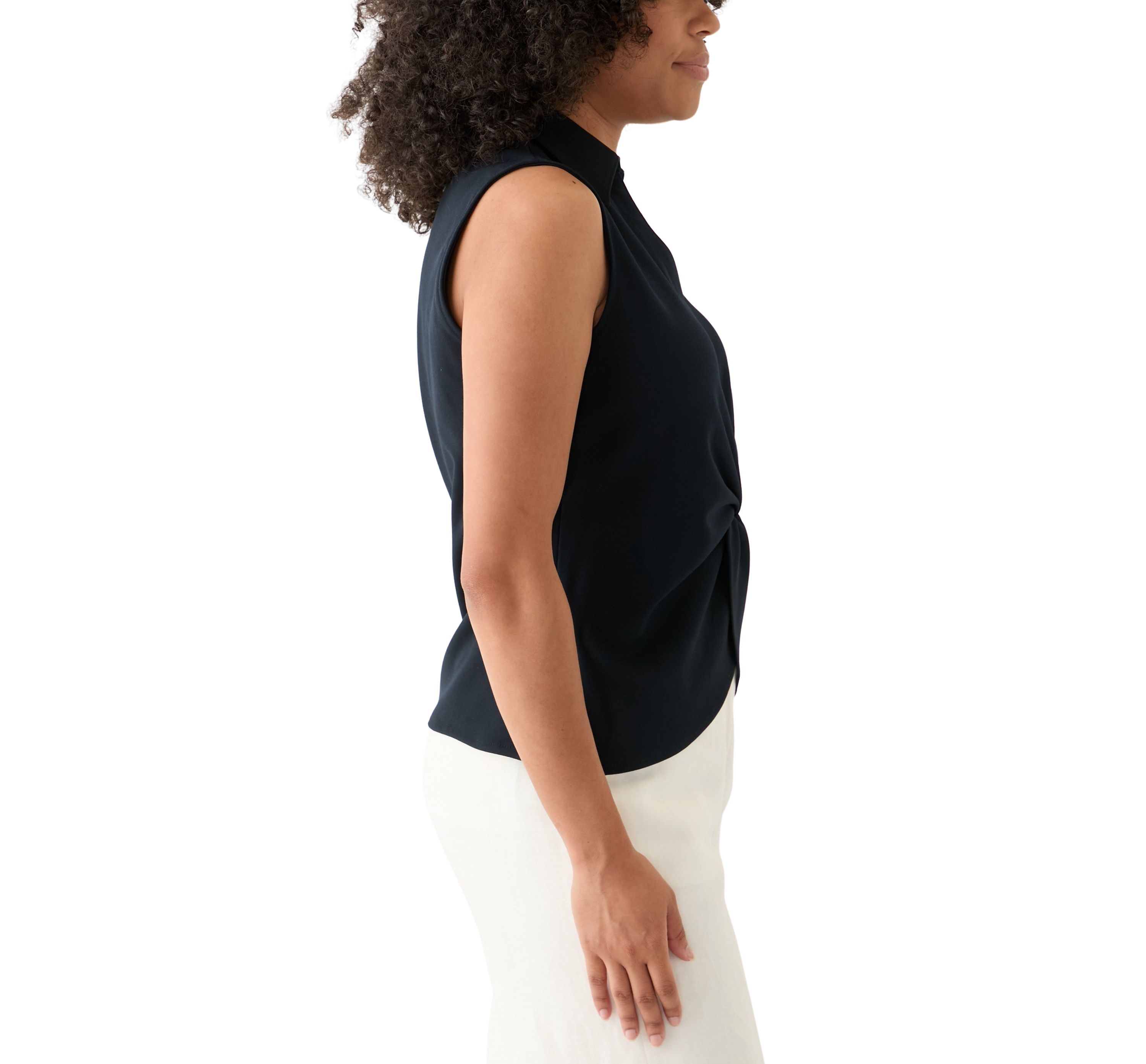 Womens Scuba Crepe Collared Twist Front Top 