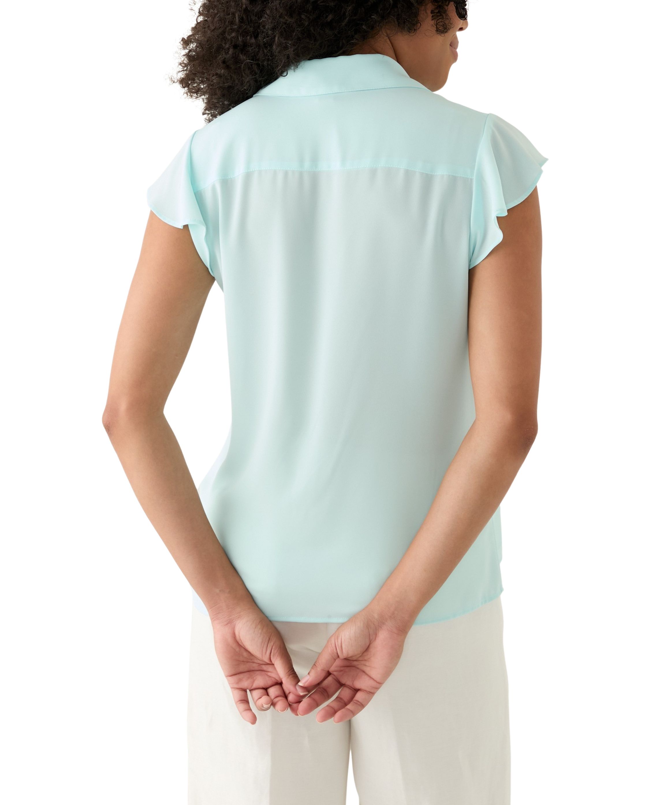 Womens Cap Sleeve Ruffle Front Blouse