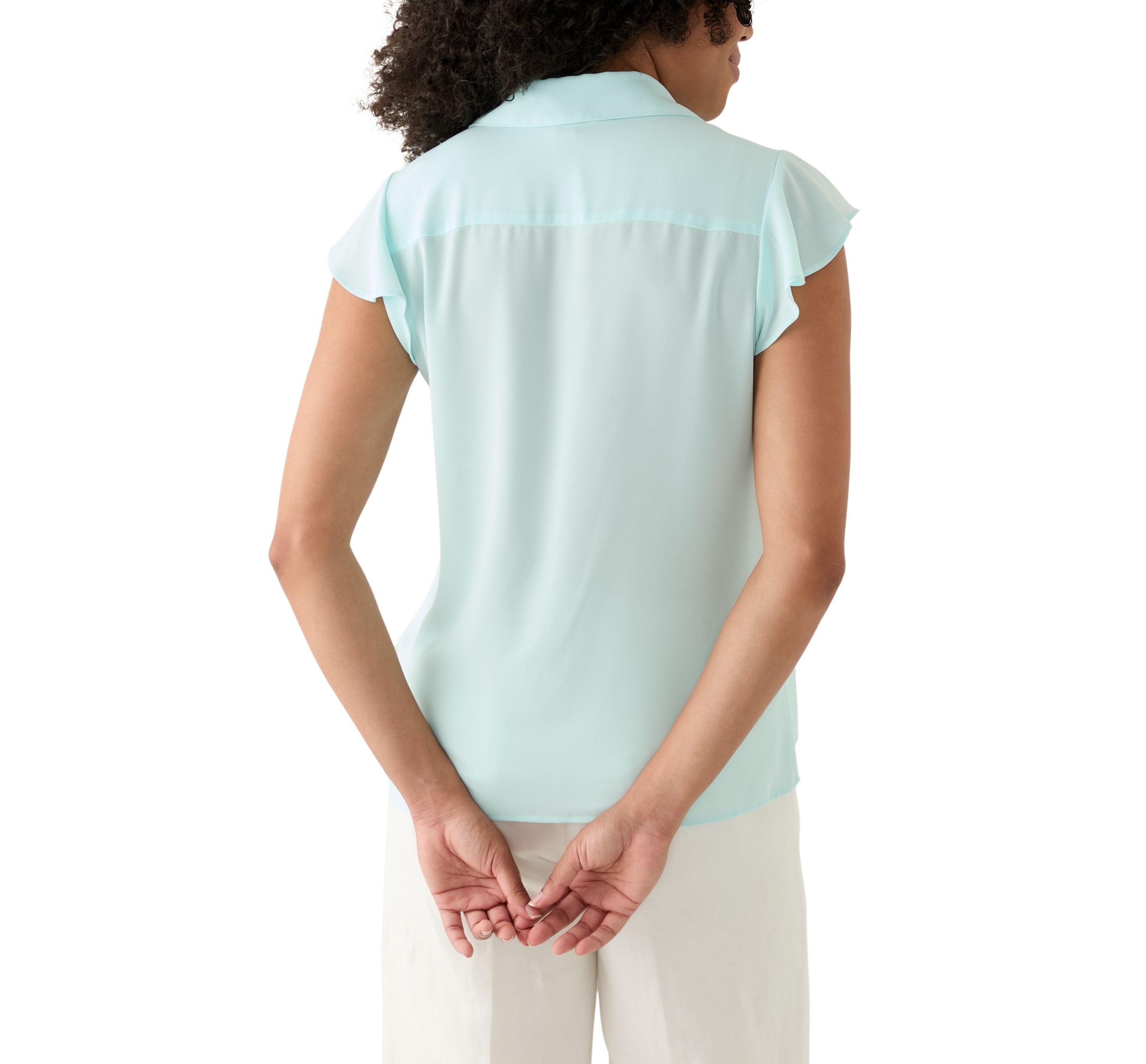 Womens Cap Sleeve Ruffle Front Blouse