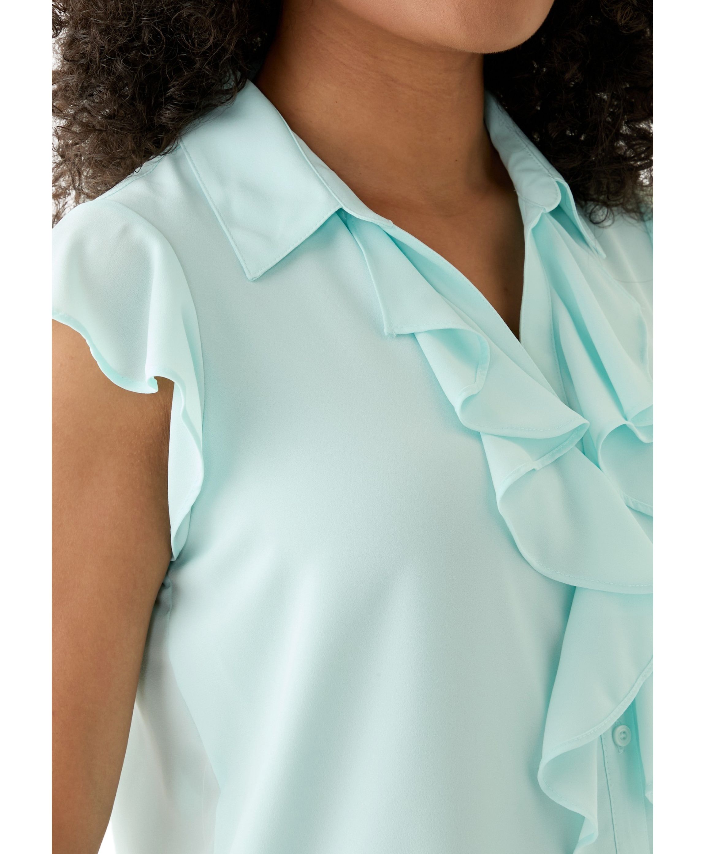 Womens Cap Sleeve Ruffle Front Blouse