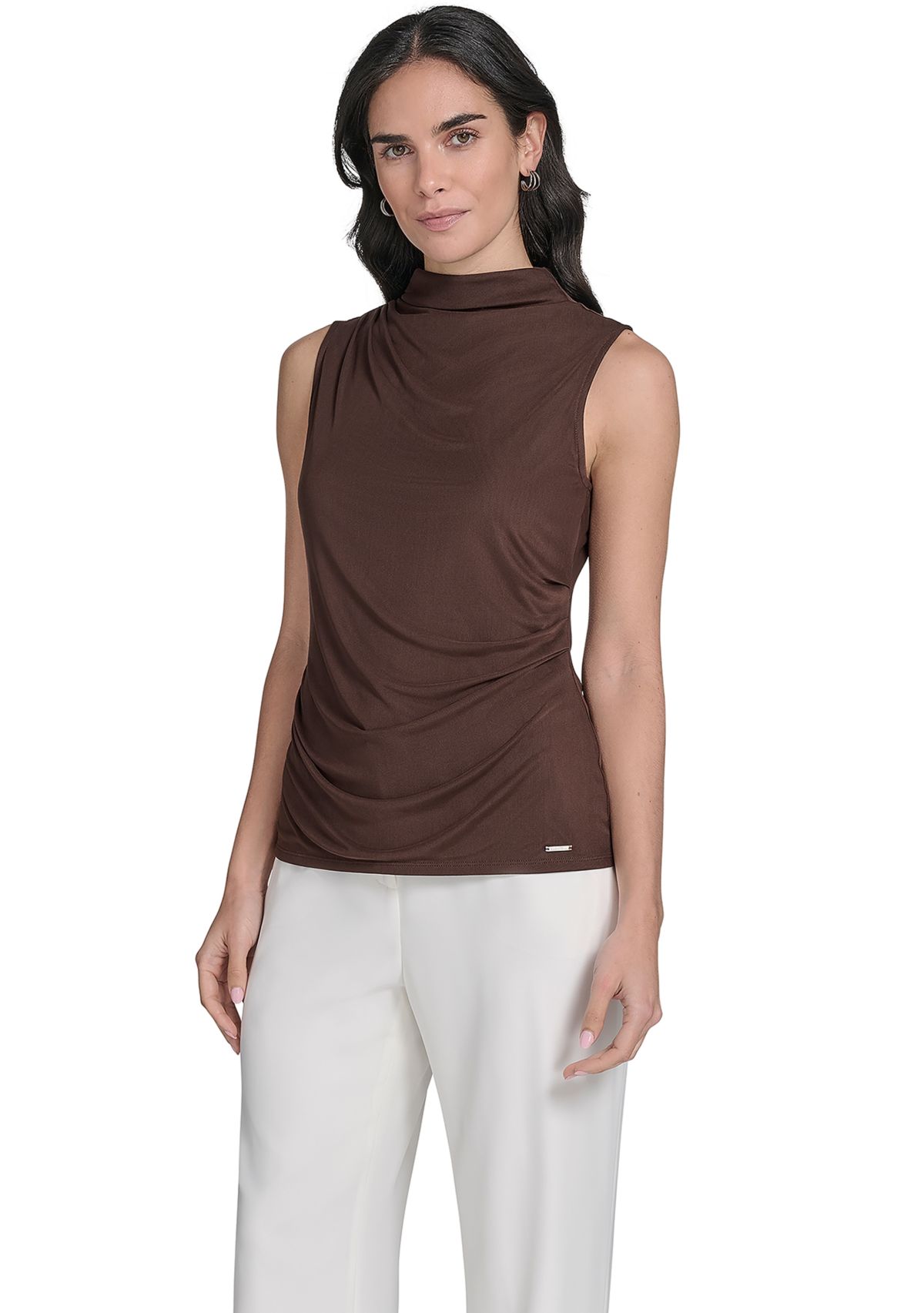 Womens Solid Mesh Mock Neck Top