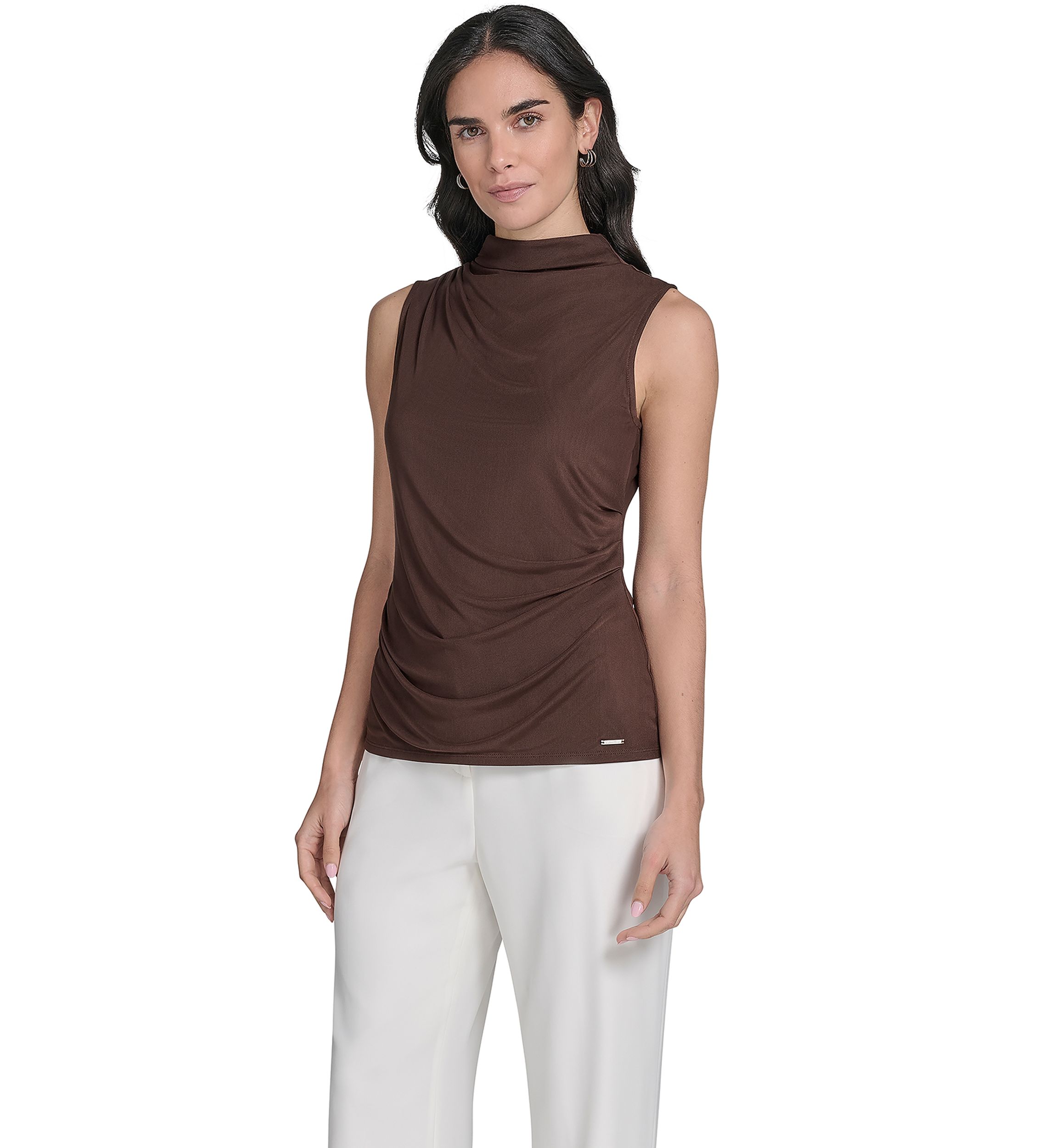 Womens Solid Mesh Mock Neck Top