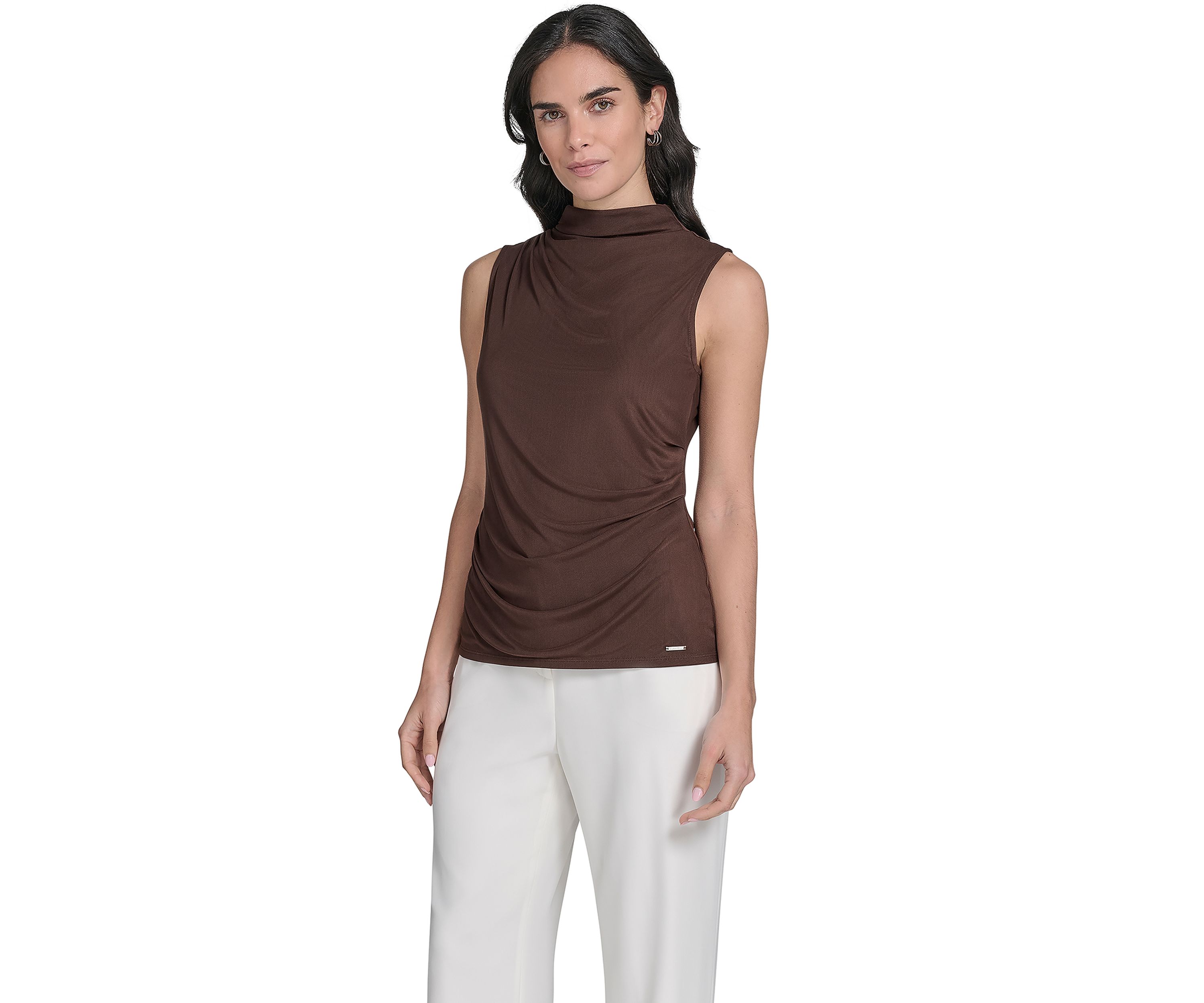 Womens Solid Mesh Mock Neck Top