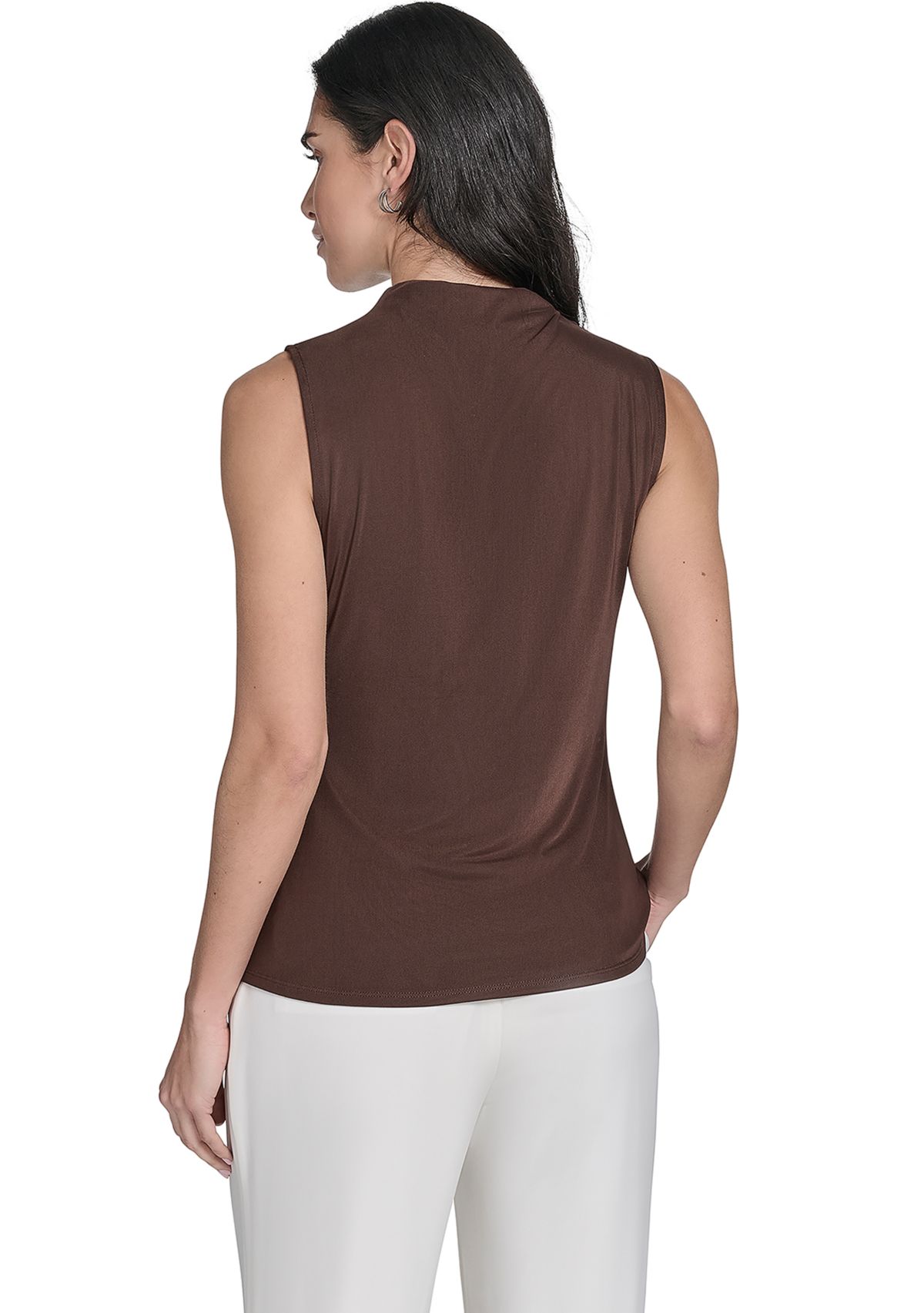 Womens Solid Mesh Mock Neck Top
