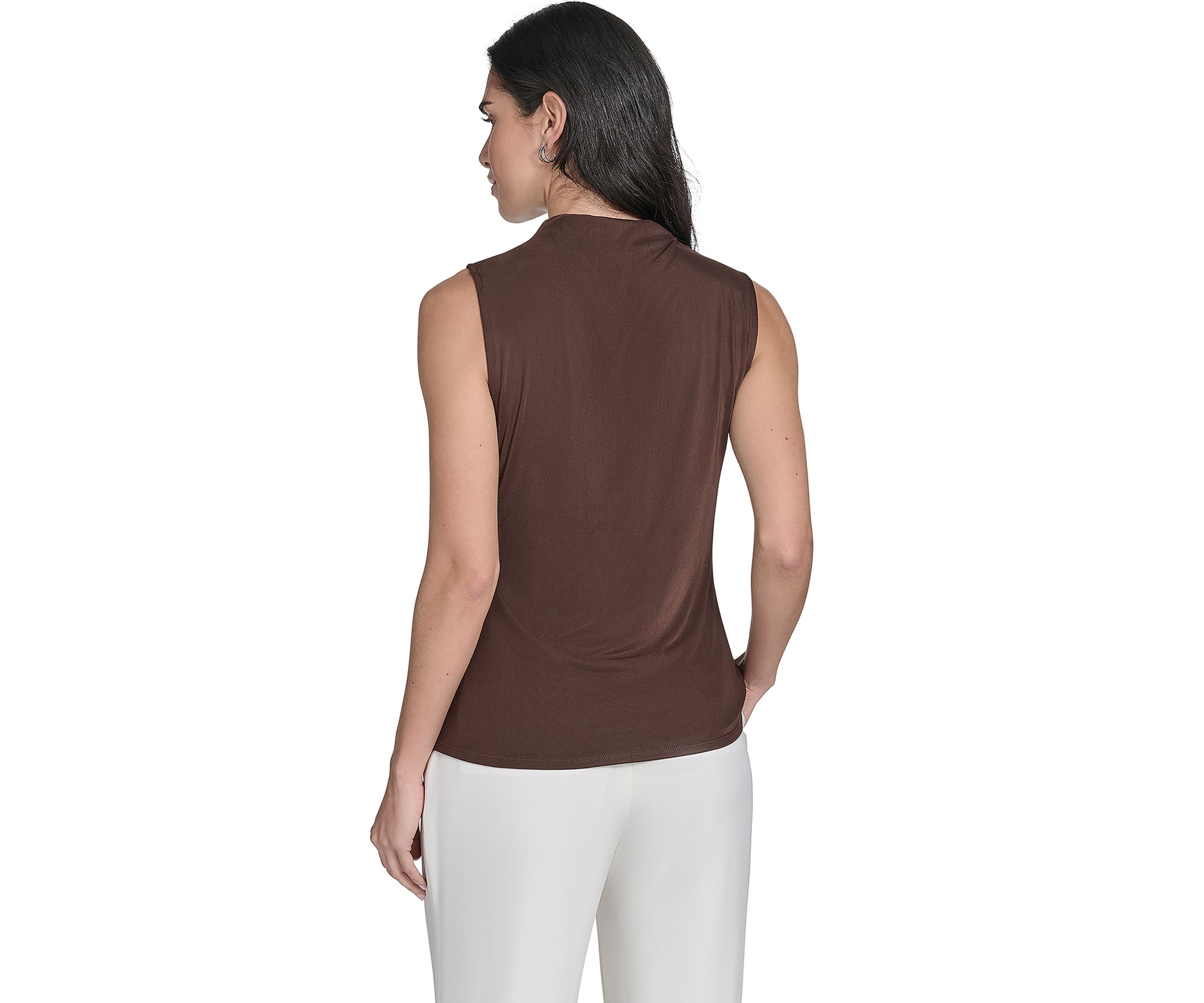 Womens Solid Mesh Mock Neck Top
