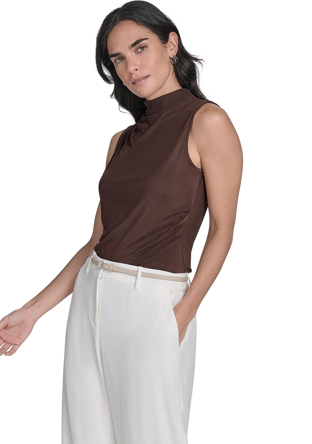 Womens Solid Mesh Mock Neck Top