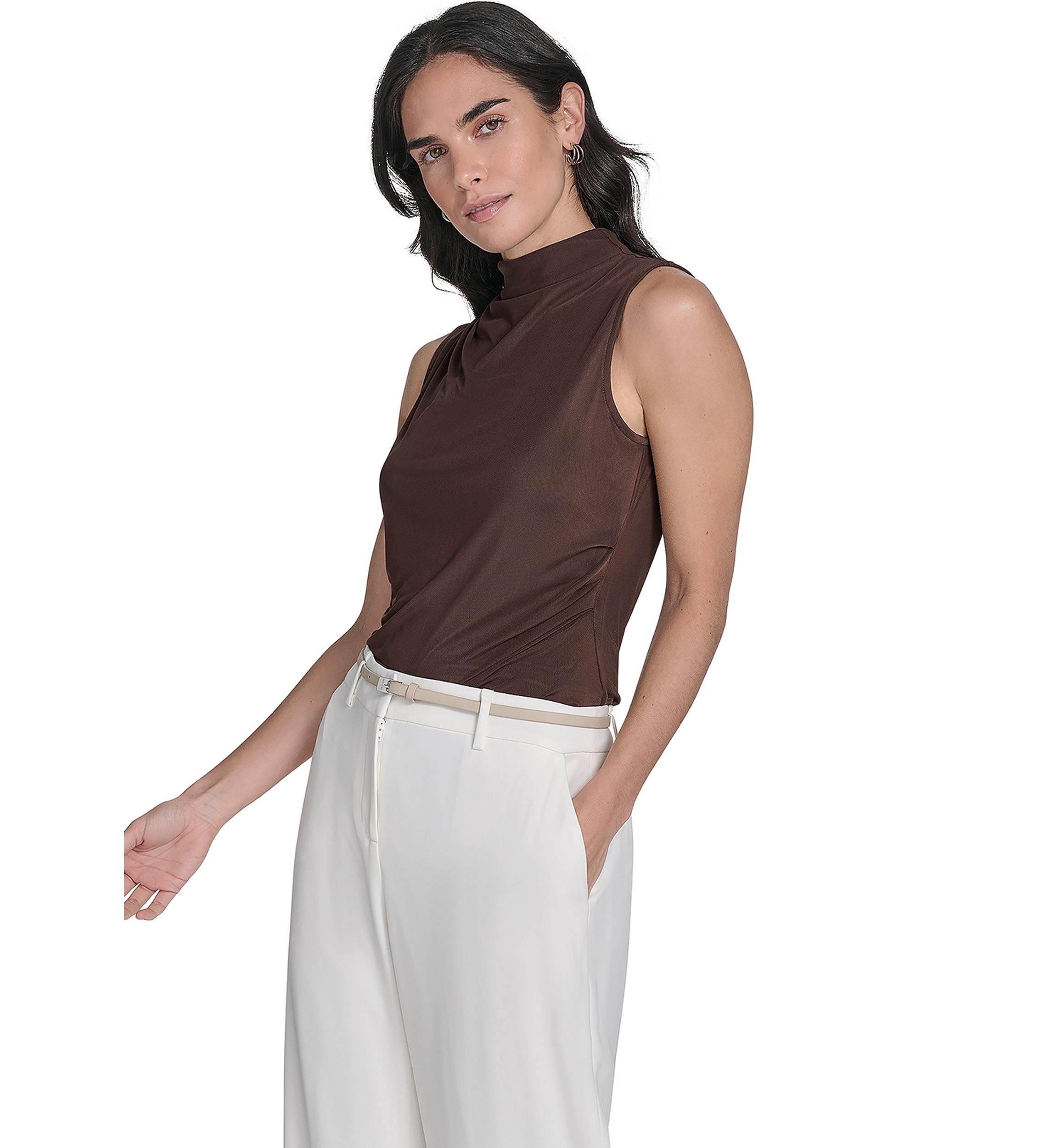 Womens Solid Mesh Mock Neck Top