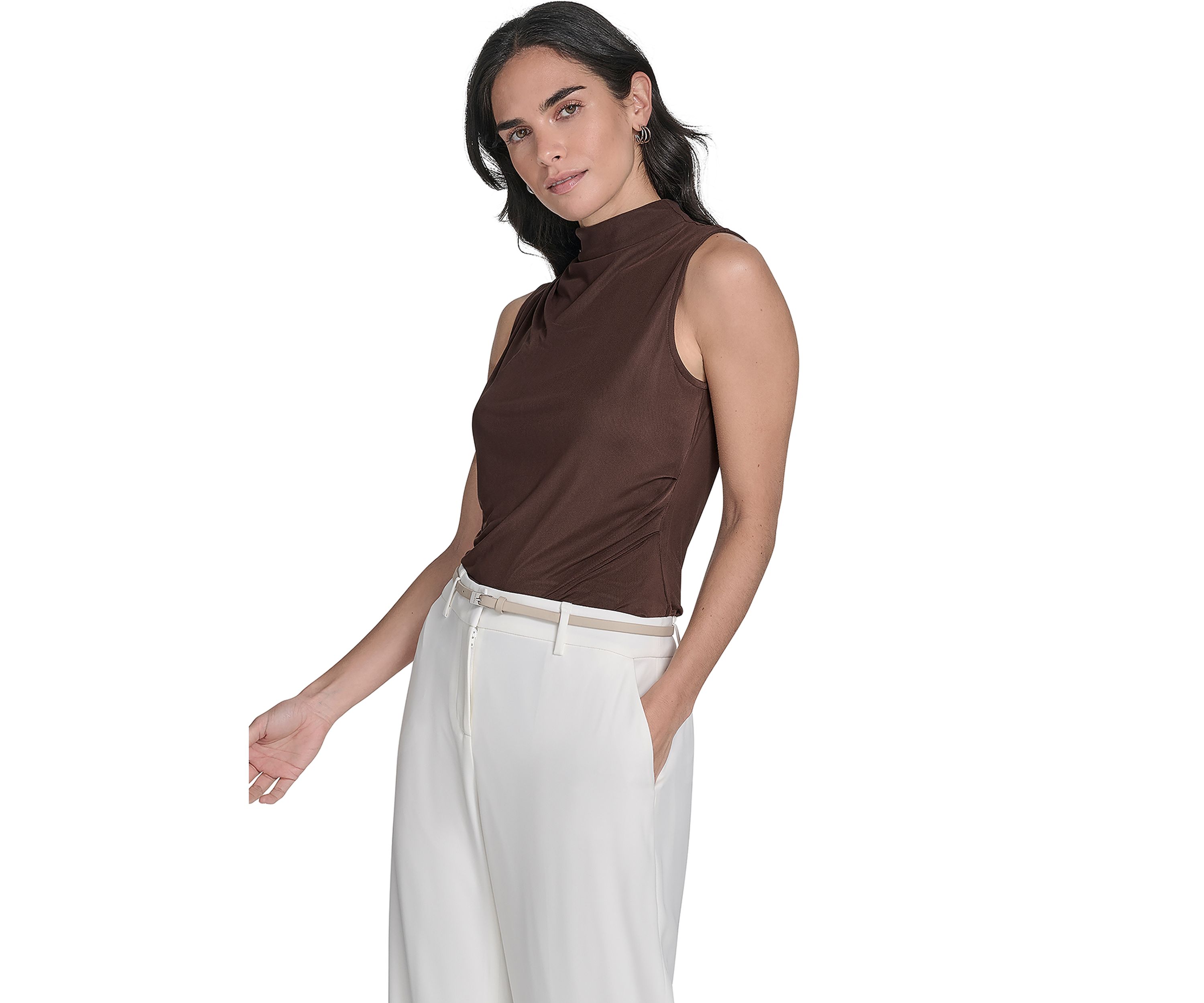 Womens Solid Mesh Mock Neck Top