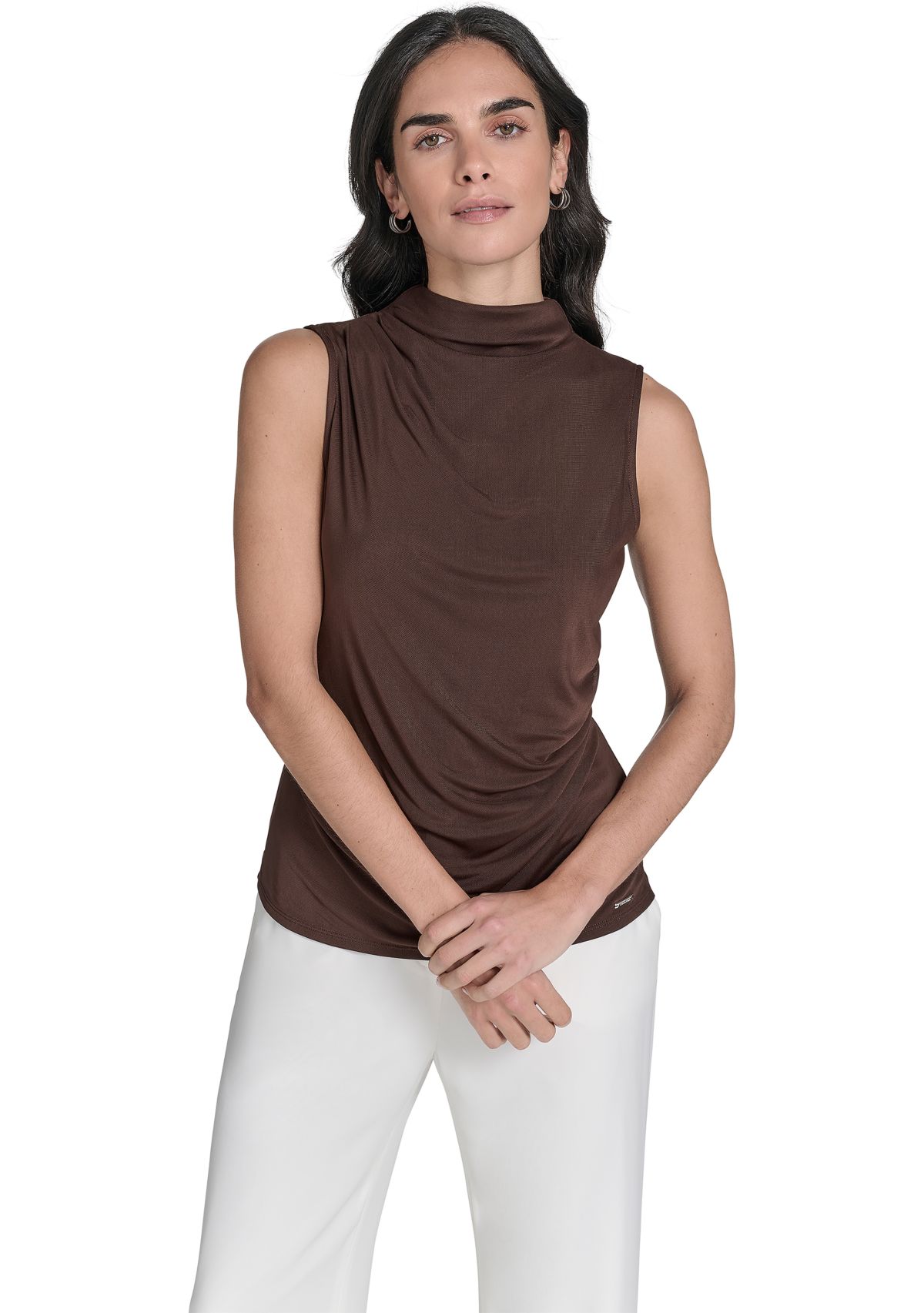 Womens Solid Mesh Mock Neck Top