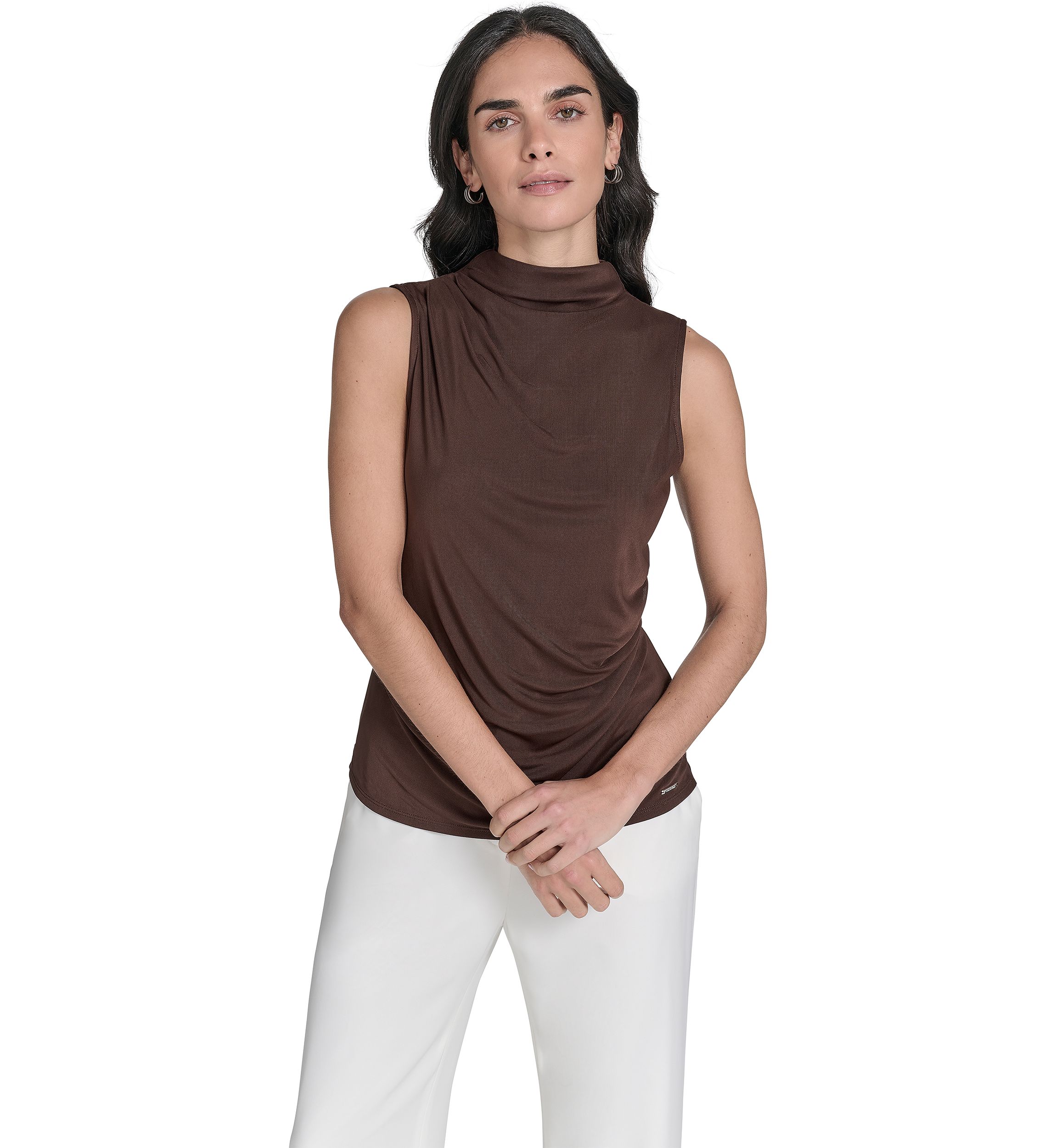 Womens Solid Mesh Mock Neck Top