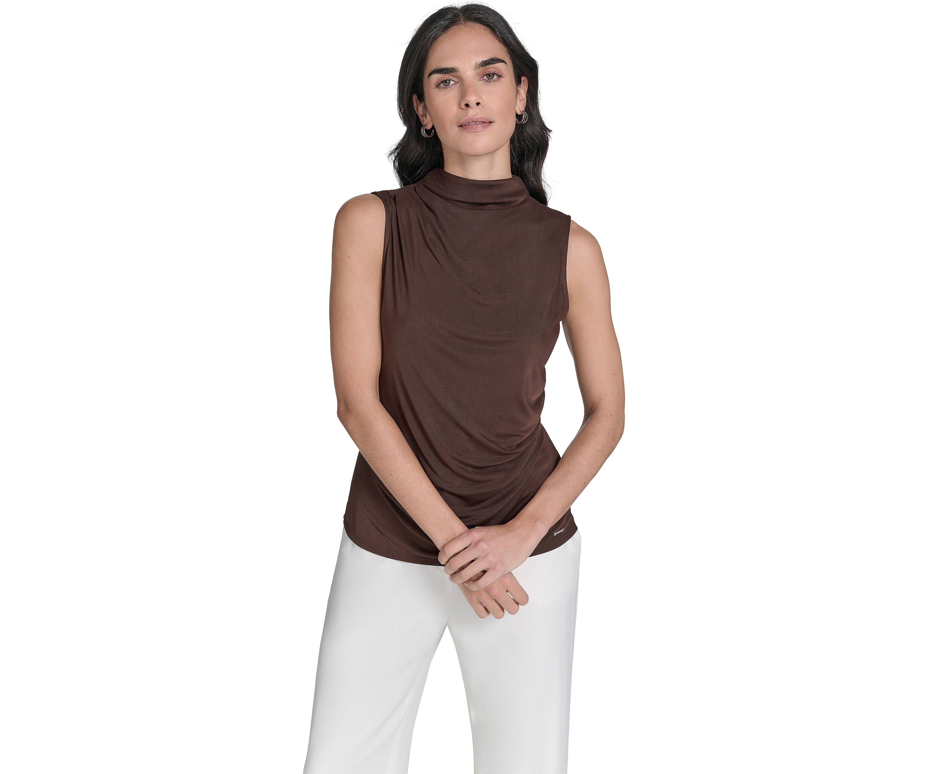 Womens Solid Mesh Mock Neck Top