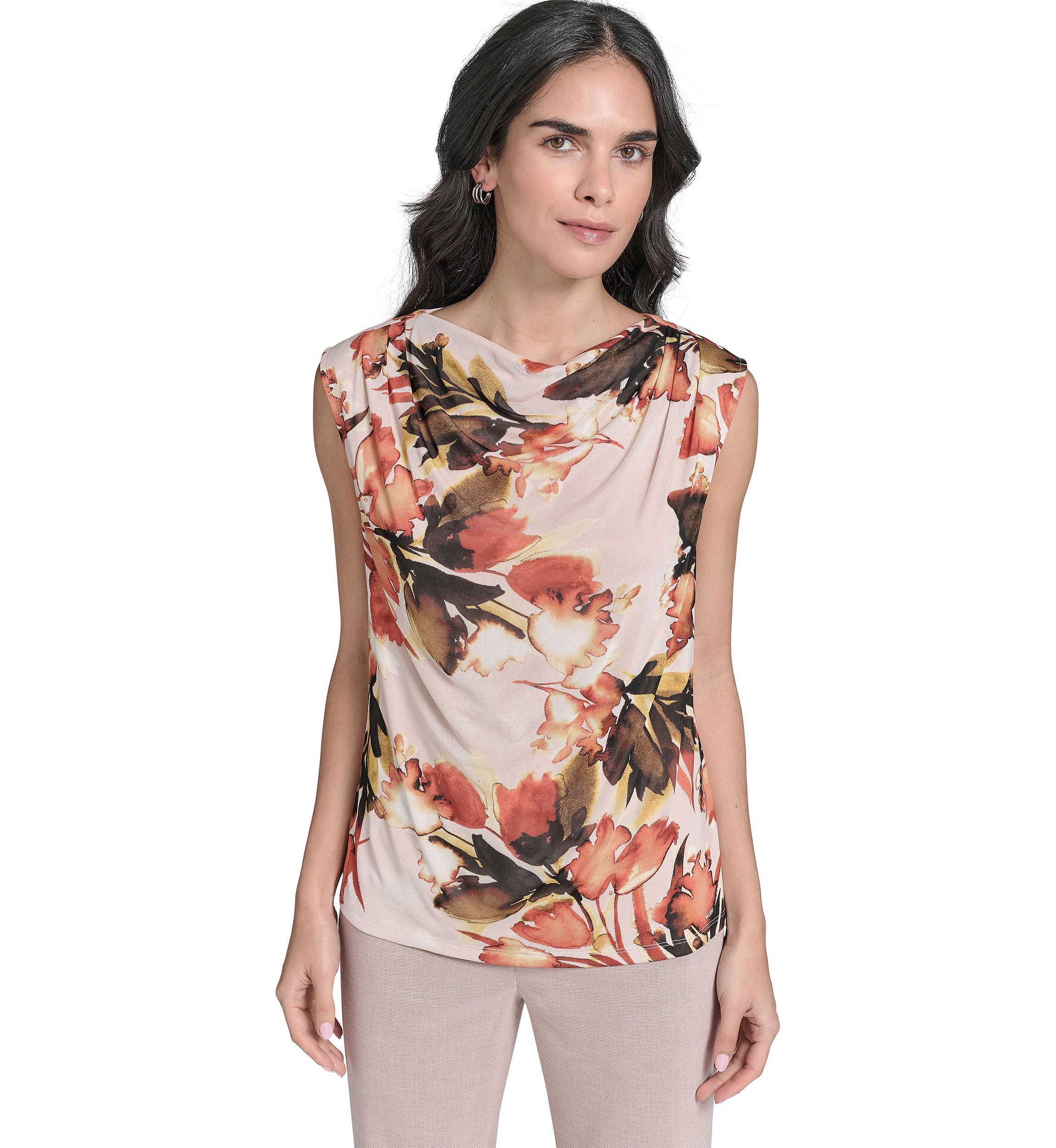 Womens Printed Mesh Mock Neck Top 