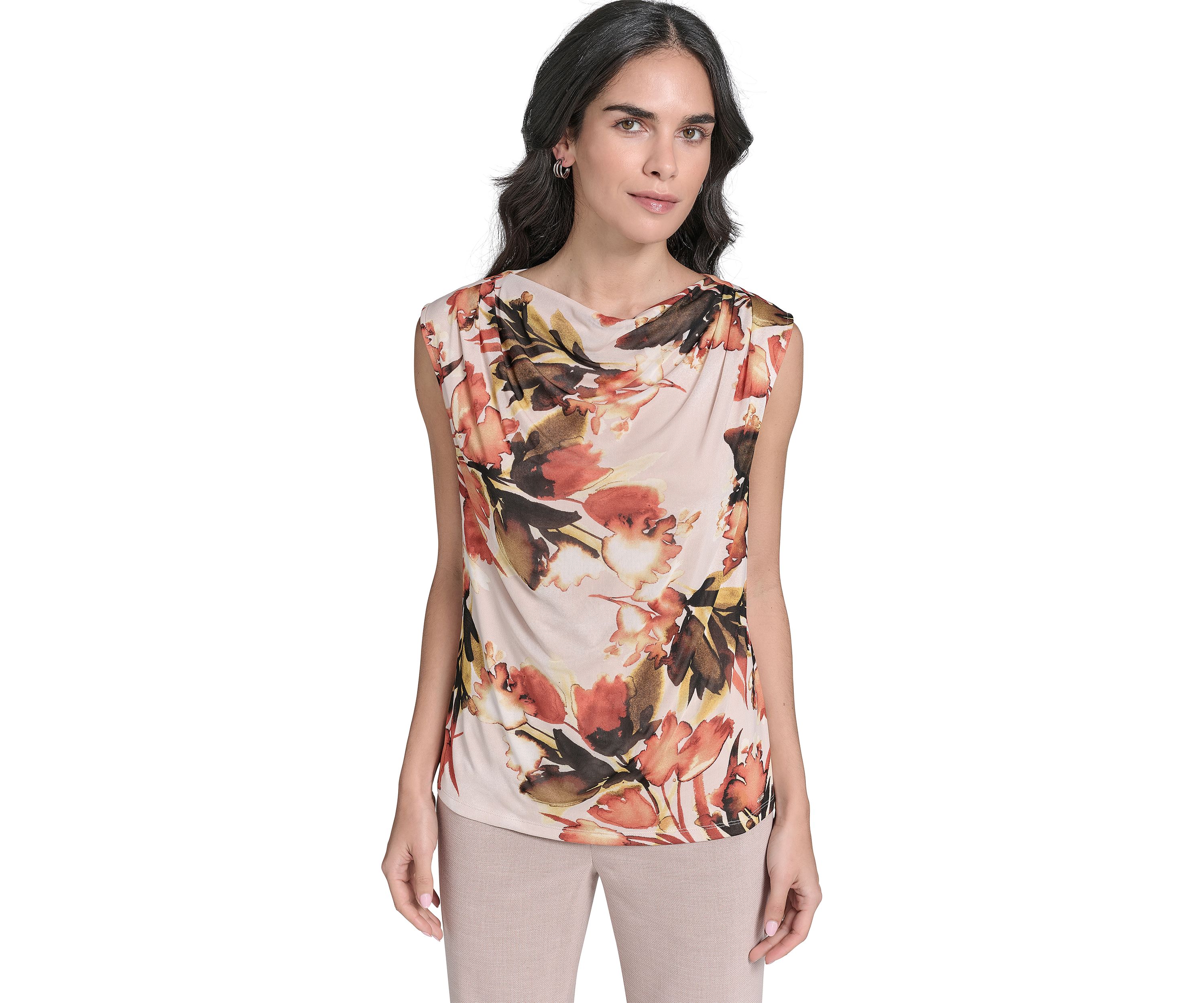 Womens Printed Mesh Mock Neck Top 