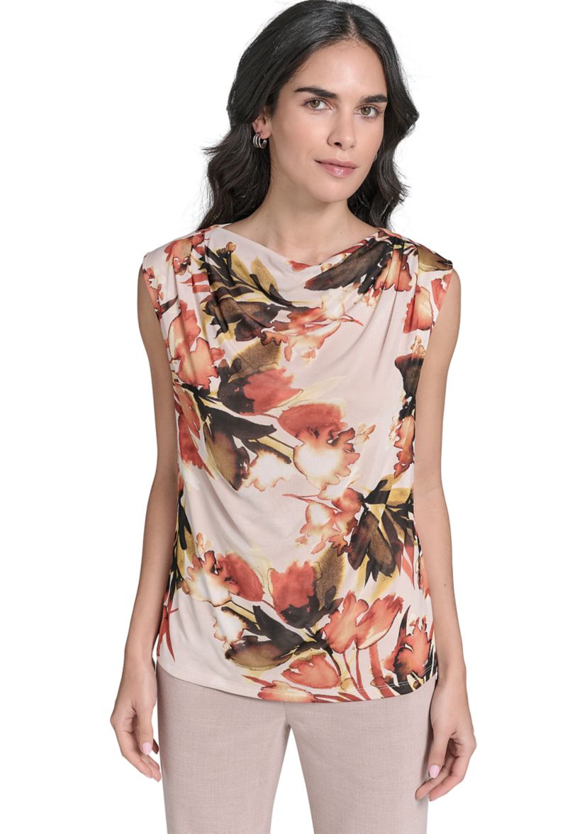 Womens Printed Mesh Mock Neck Top 