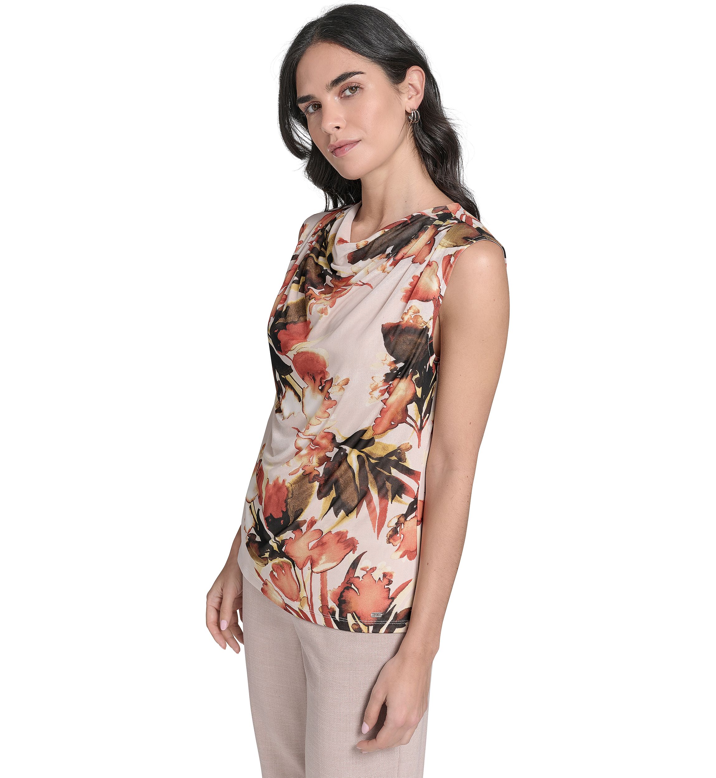 Womens Printed Mesh Mock Neck Top 