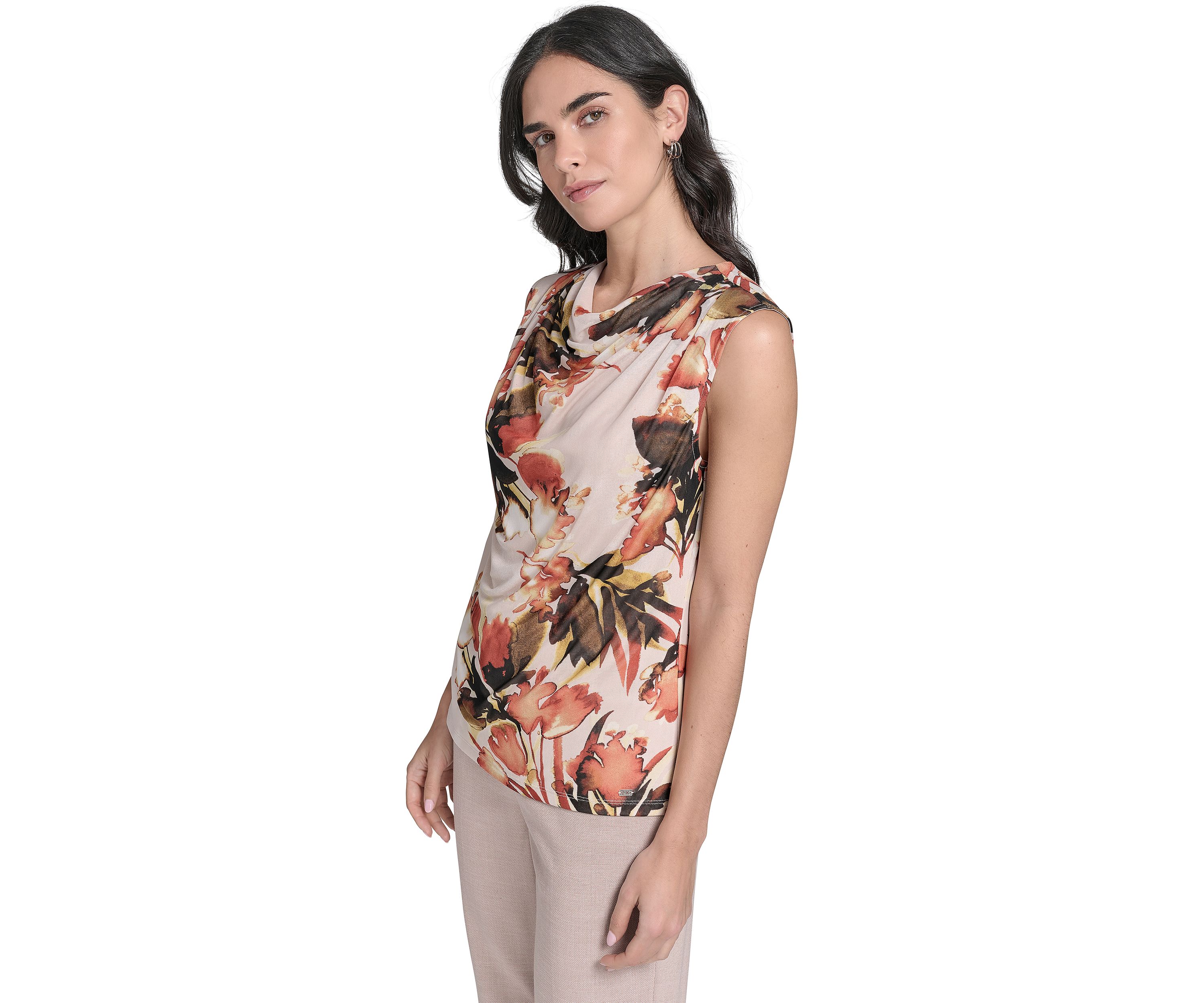 Womens Printed Mesh Mock Neck Top 