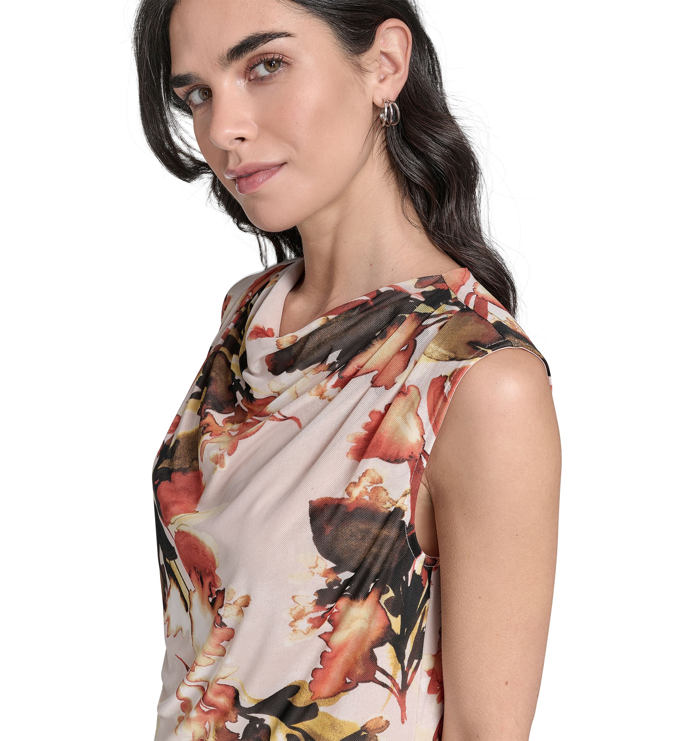 Womens Printed Mesh Mock Neck Top 