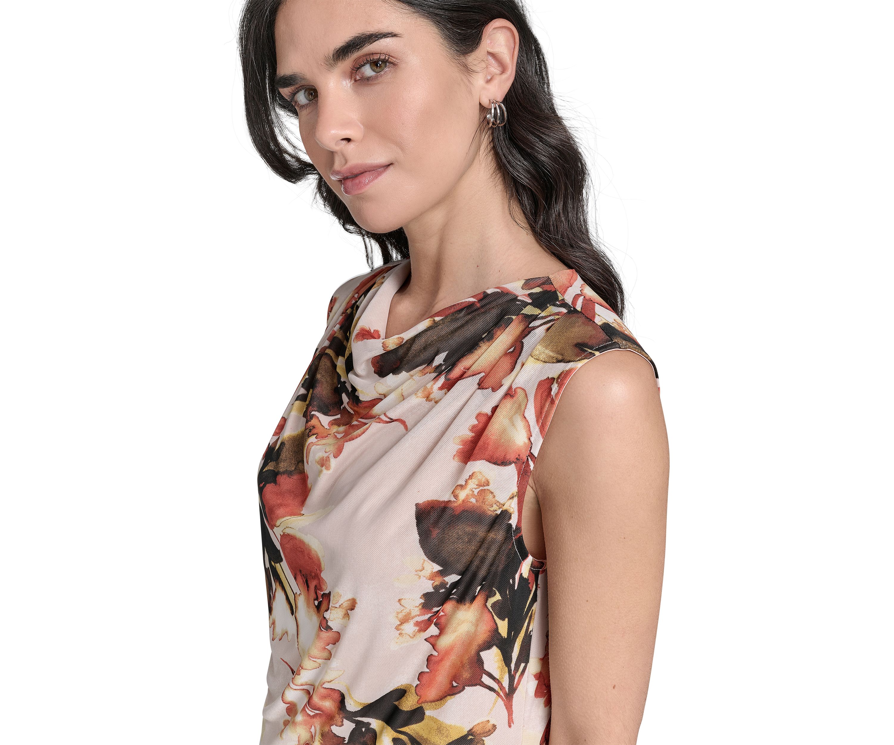 Womens Printed Mesh Mock Neck Top 