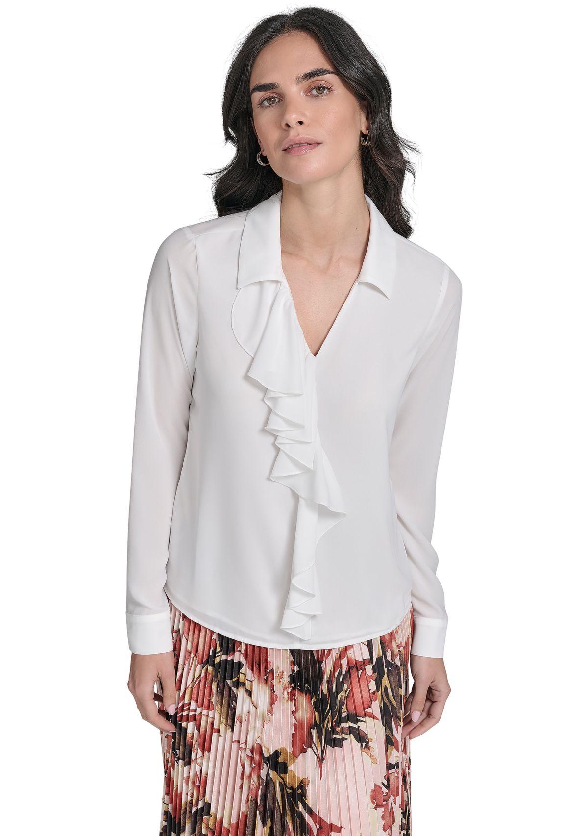 Womens Georgette Long Sleeve Ruffle Front Blouse