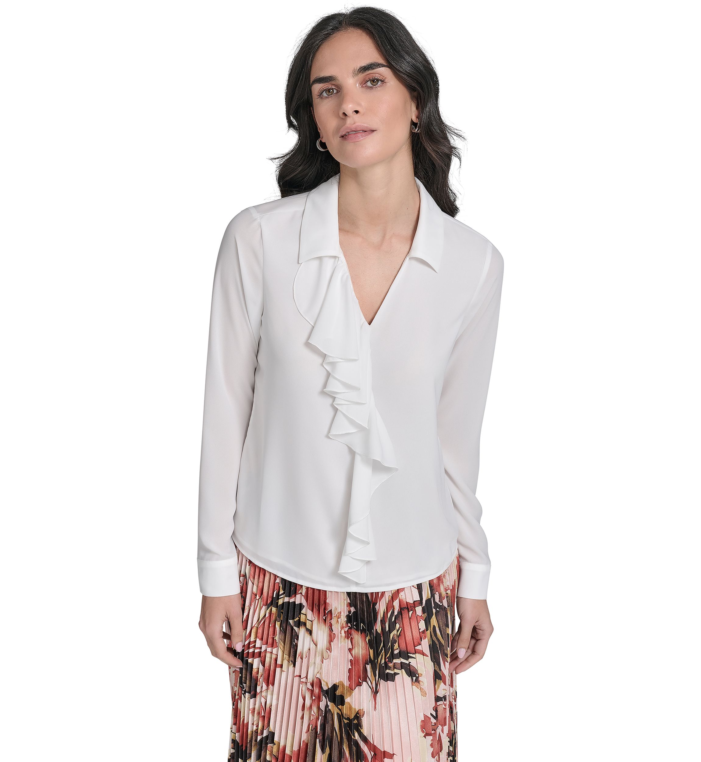 Womens Georgette Long Sleeve Ruffle Front Blouse