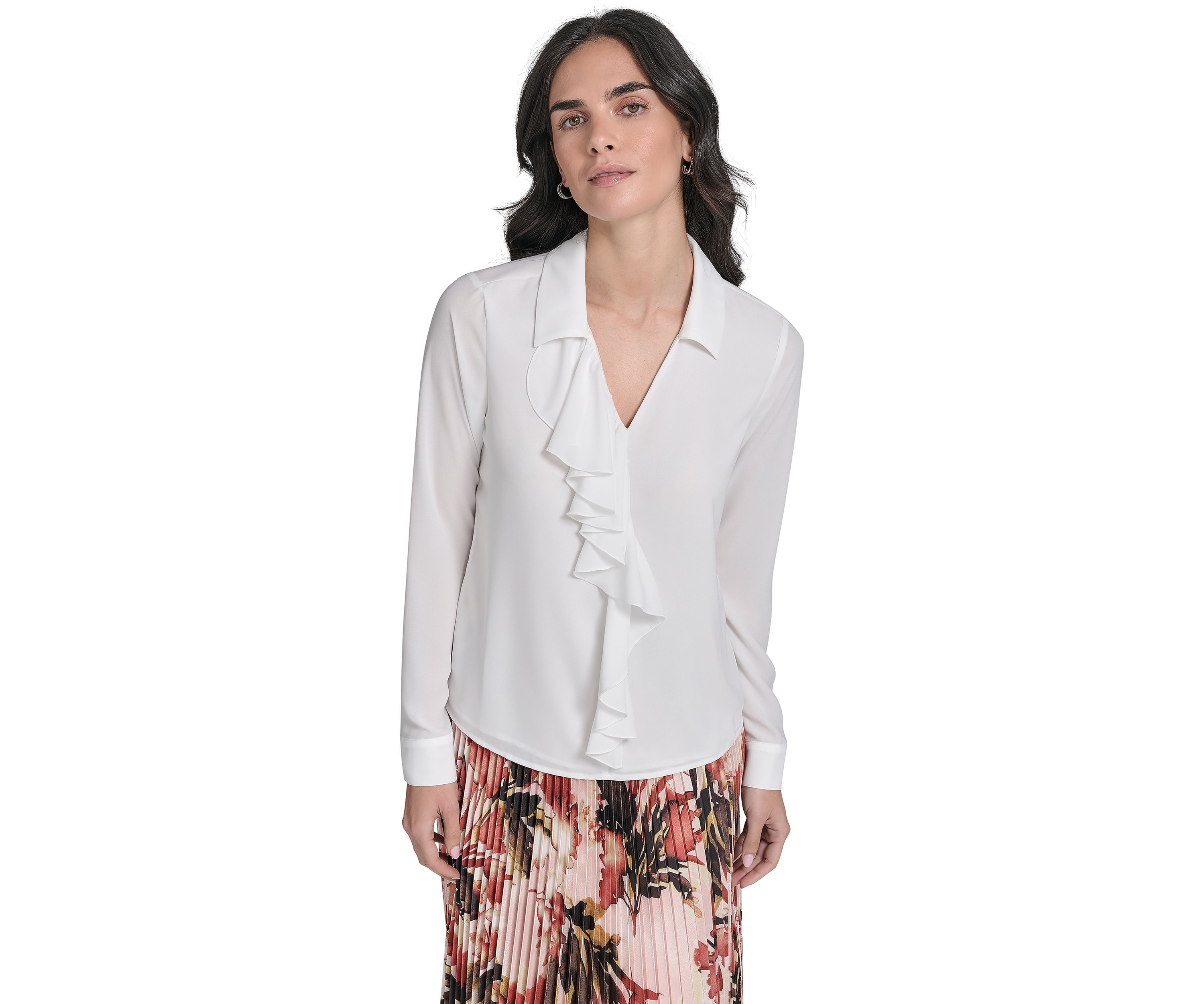 Womens Georgette Long Sleeve Ruffle Front Blouse
