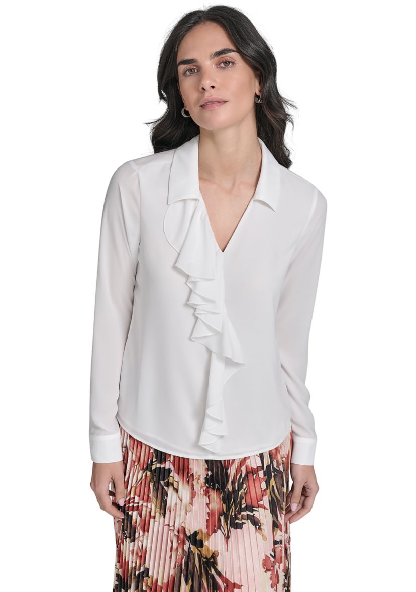 Womens Georgette Long Sleeve Ruffle Front Blouse