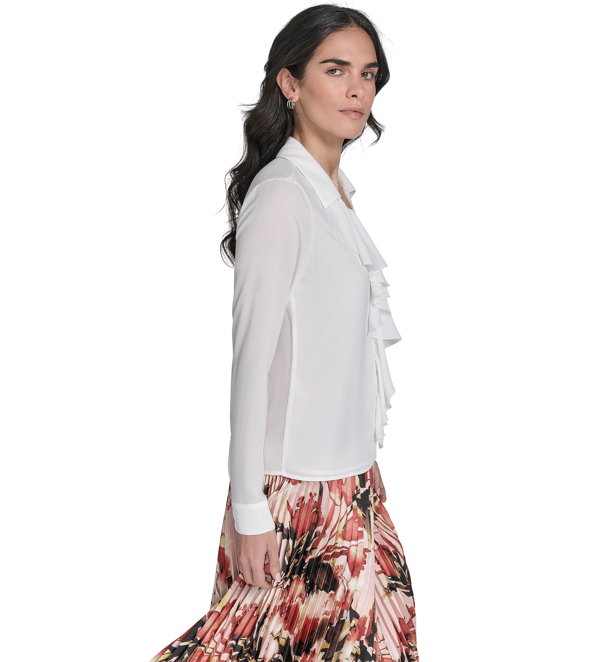 Womens Georgette Long Sleeve Ruffle Front Blouse