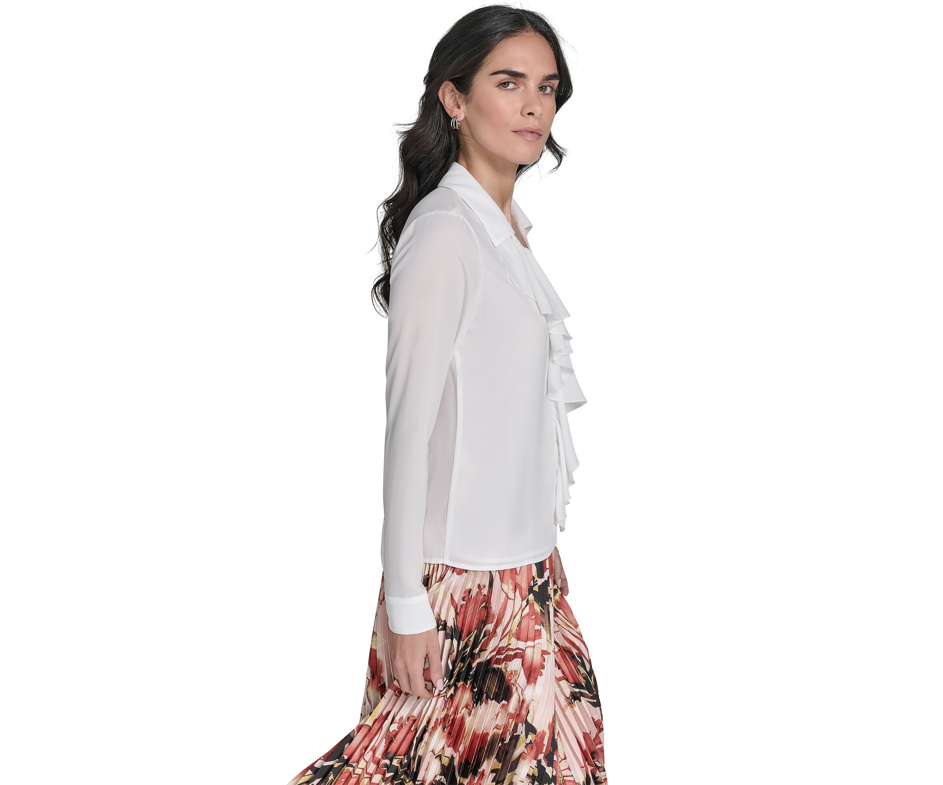 Womens Georgette Long Sleeve Ruffle Front Blouse