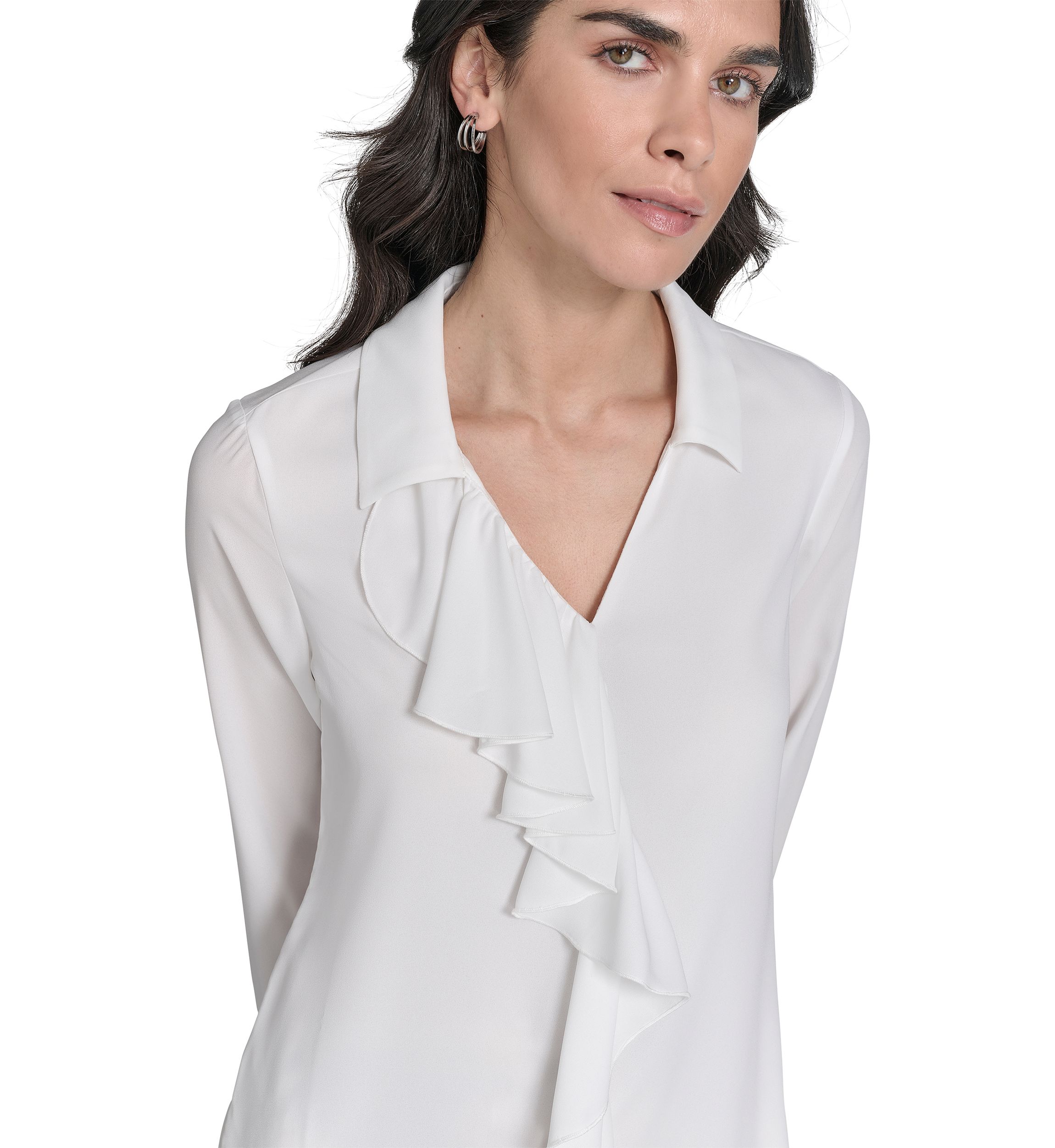 Womens Georgette Long Sleeve Ruffle Front Blouse