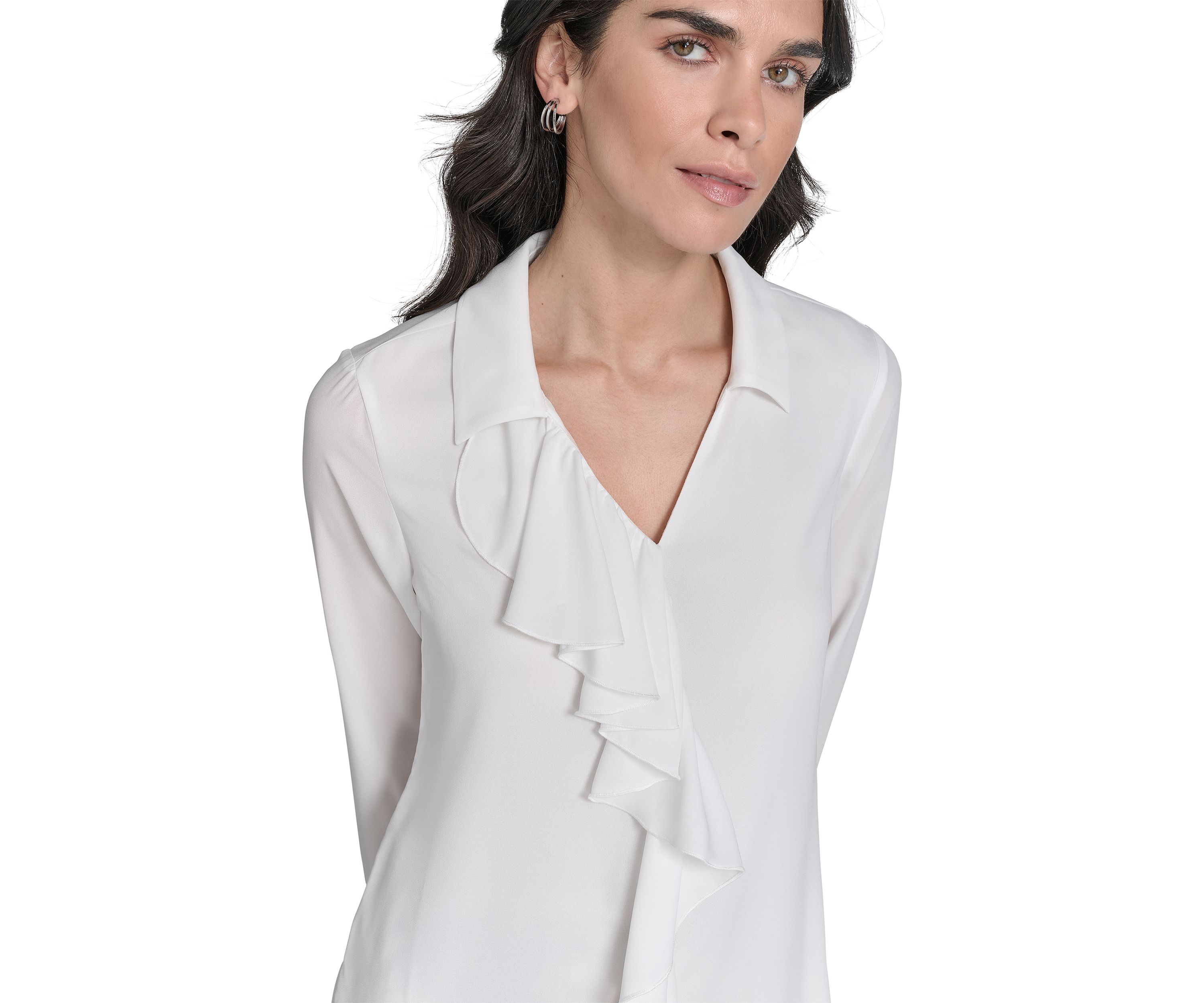 Womens Georgette Long Sleeve Ruffle Front Blouse