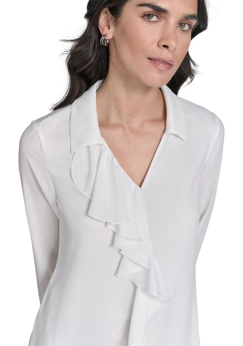 Womens Georgette Long Sleeve Ruffle Front Blouse