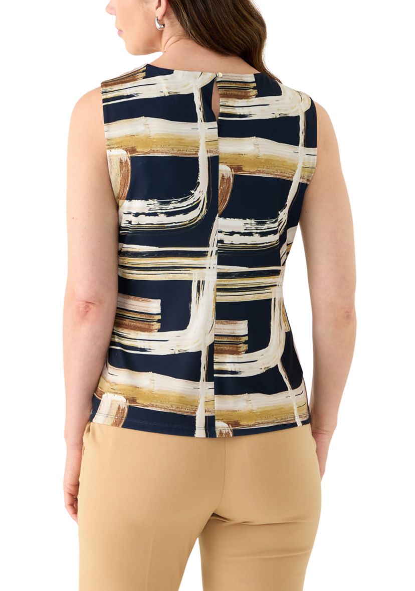 Womens Printed Sleeveless Pleat Neck Cami Top