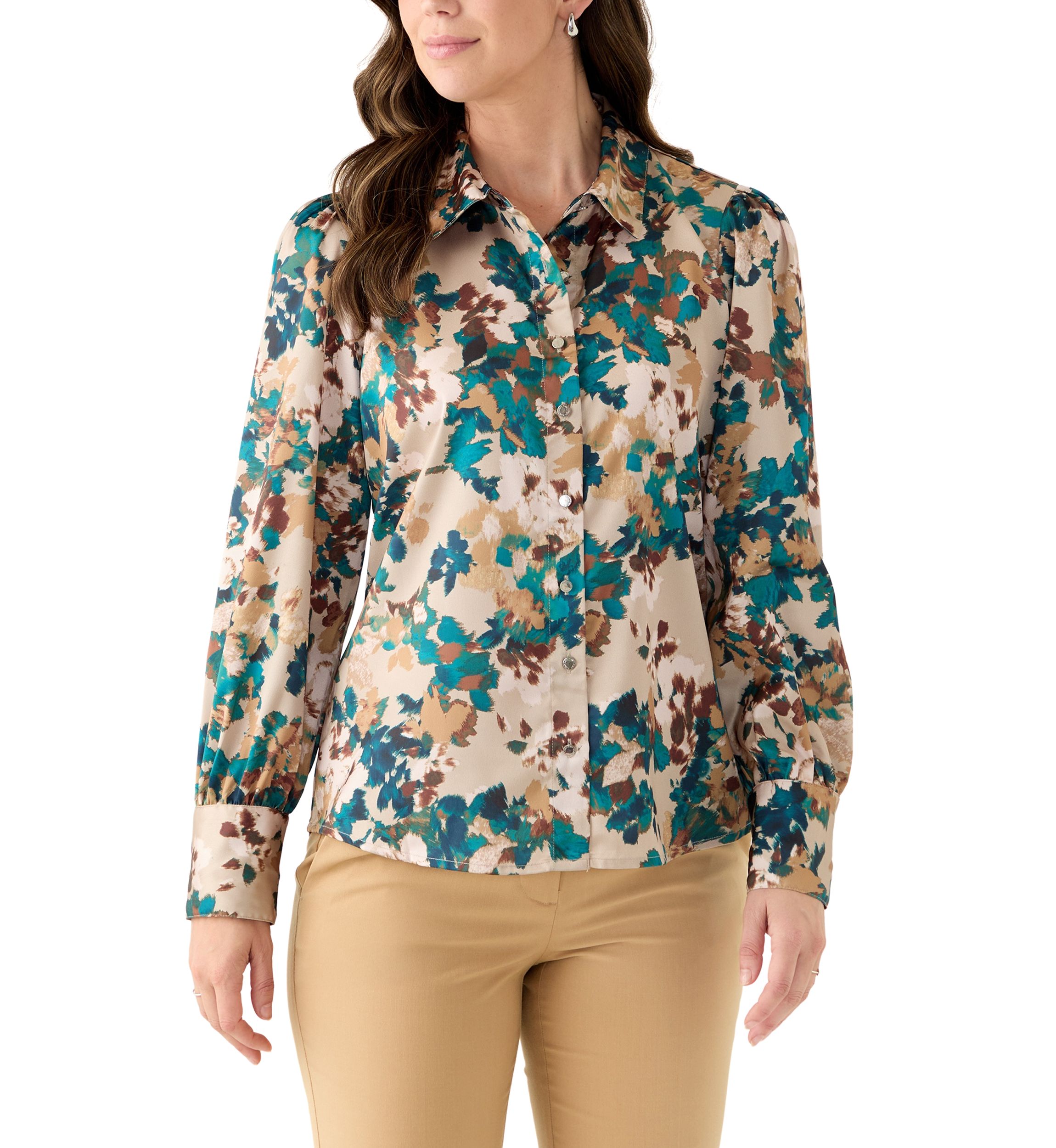 Womens Printed Charmeuse Long Sleeve Blouse