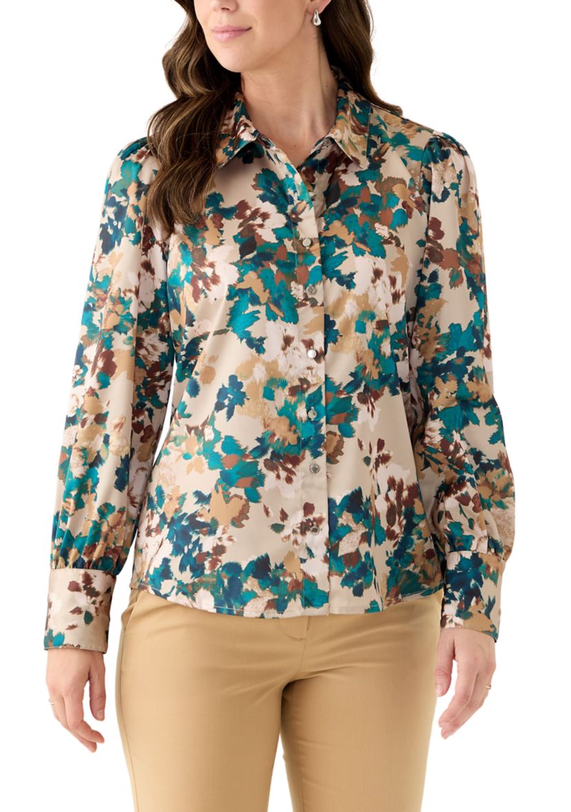 Womens Printed Charmeuse Long Sleeve Blouse
