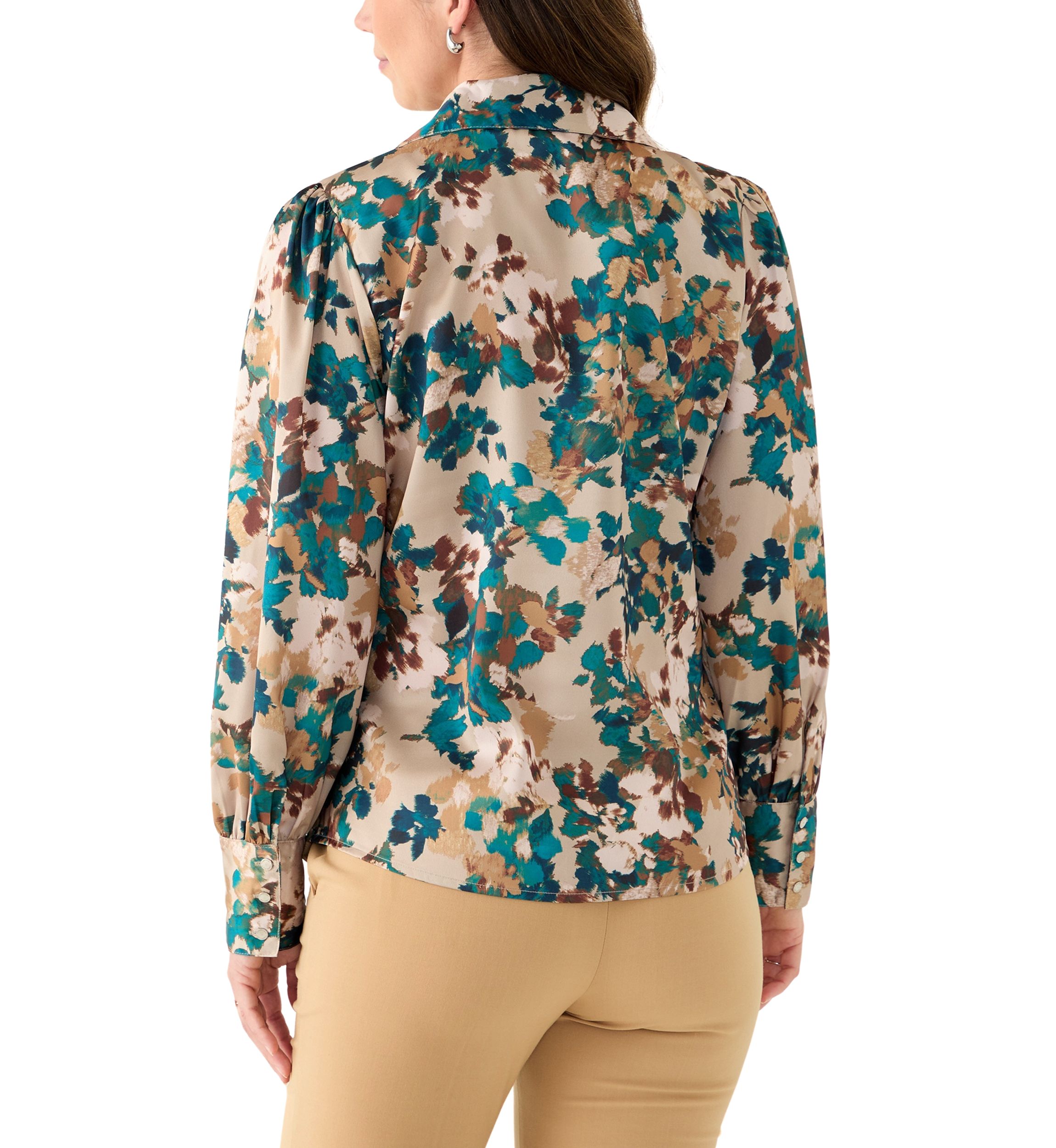 Womens Printed Charmeuse Long Sleeve Blouse