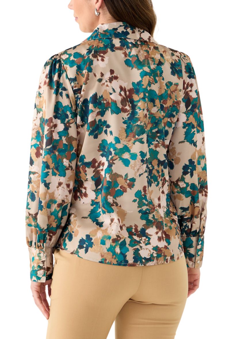 Womens Printed Charmeuse Long Sleeve Blouse