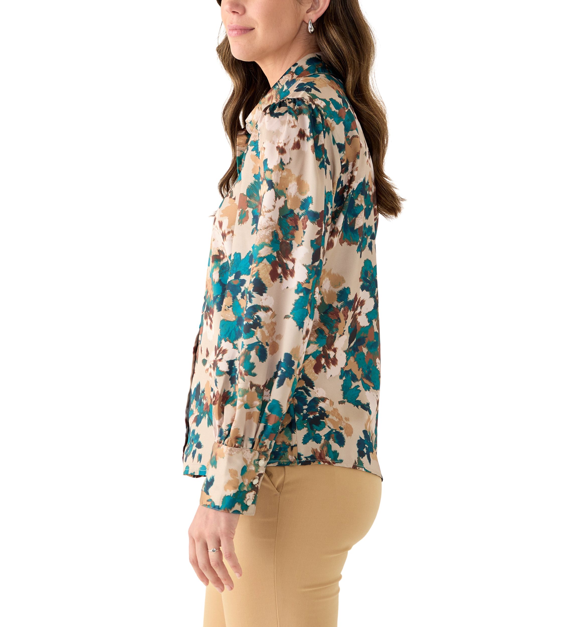 Womens Printed Charmeuse Long Sleeve Blouse