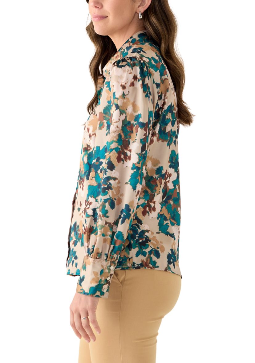 Womens Printed Charmeuse Long Sleeve Blouse