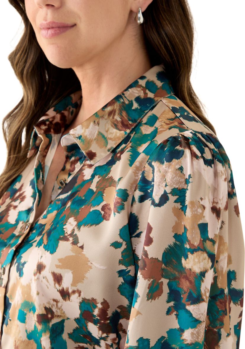 Womens Printed Charmeuse Long Sleeve Blouse