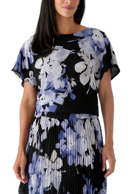 Calvin Klein Women's Short Sleeve Floral Blouse, Black, Small