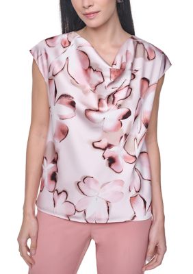 Calvin Klein Women's Short Sleeve Floral Cowl Neck Satin Blouse, Large