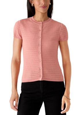 Calvin Klein Women's Short Sleeve Textured Button Front Sweater, Small