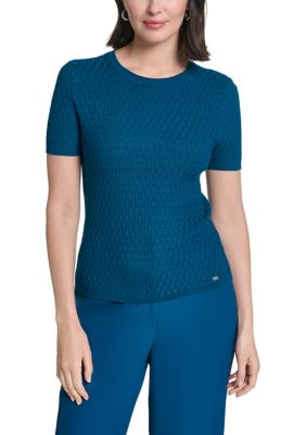 Calvin Klein Women's Short Sleeve Crew Neck Textured Sweater, Small