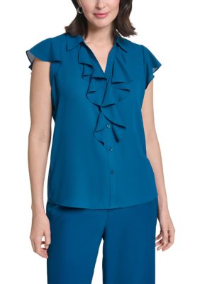 Calvin Klein Women's Short Sleeve Ruffle Blouse, Small